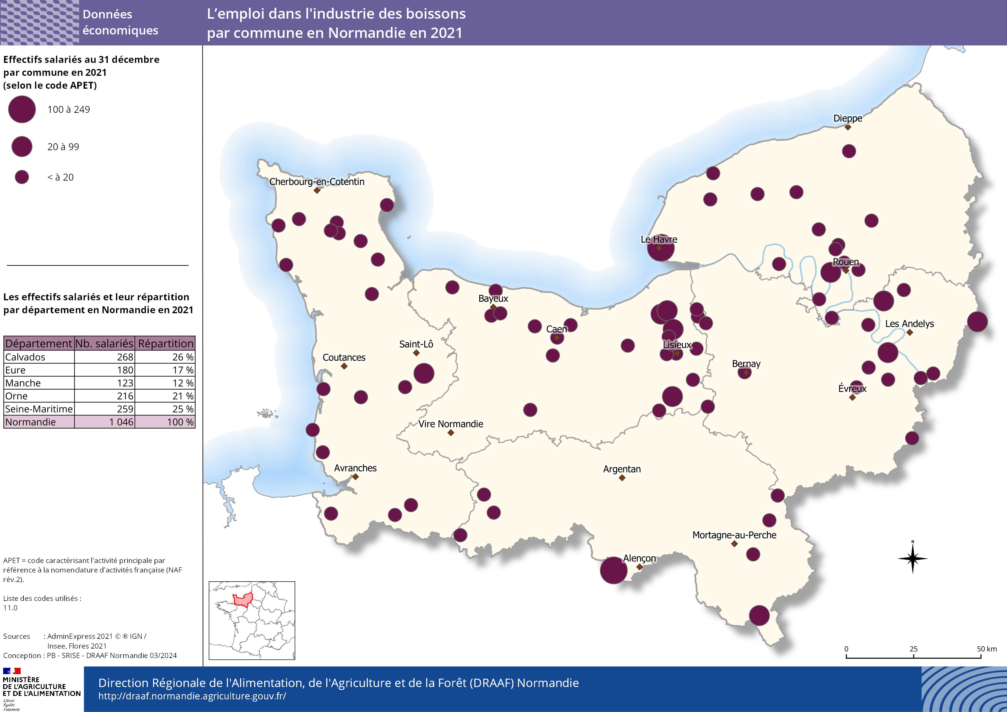 carte représentant l'emploi dans l'industrie des boissons par commune en Normandie en 2021