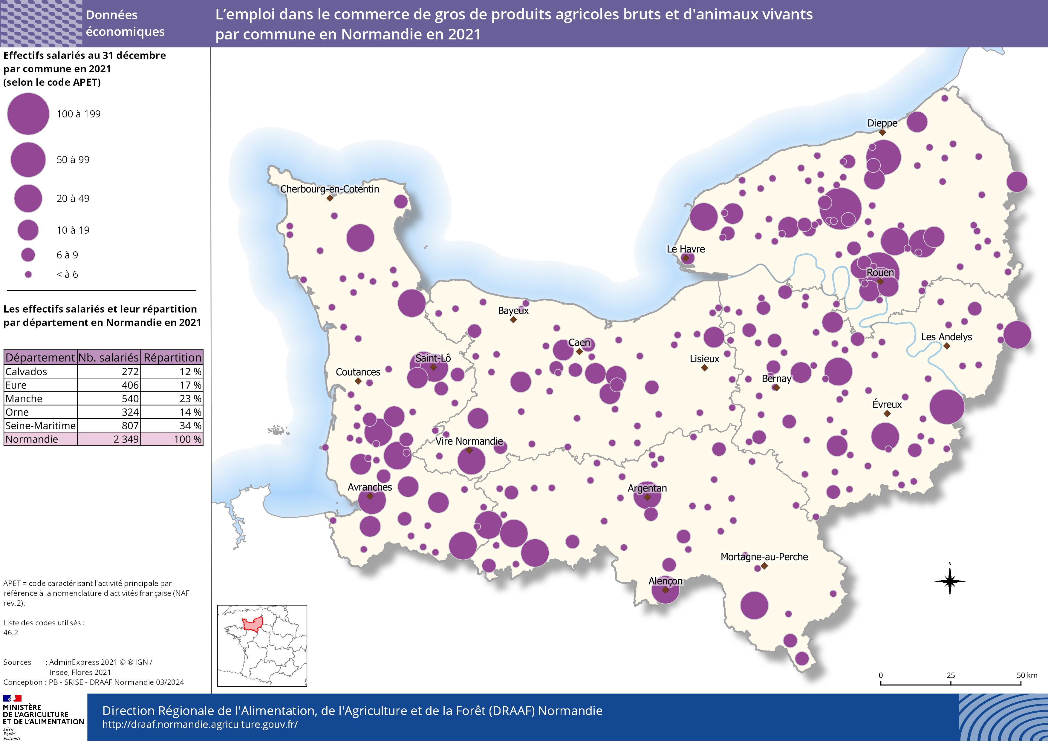 carte représentant l'emploi dans le commerce de gros de produits agricoles bruts et d'animaux vivants par commune en Normandie en 2021