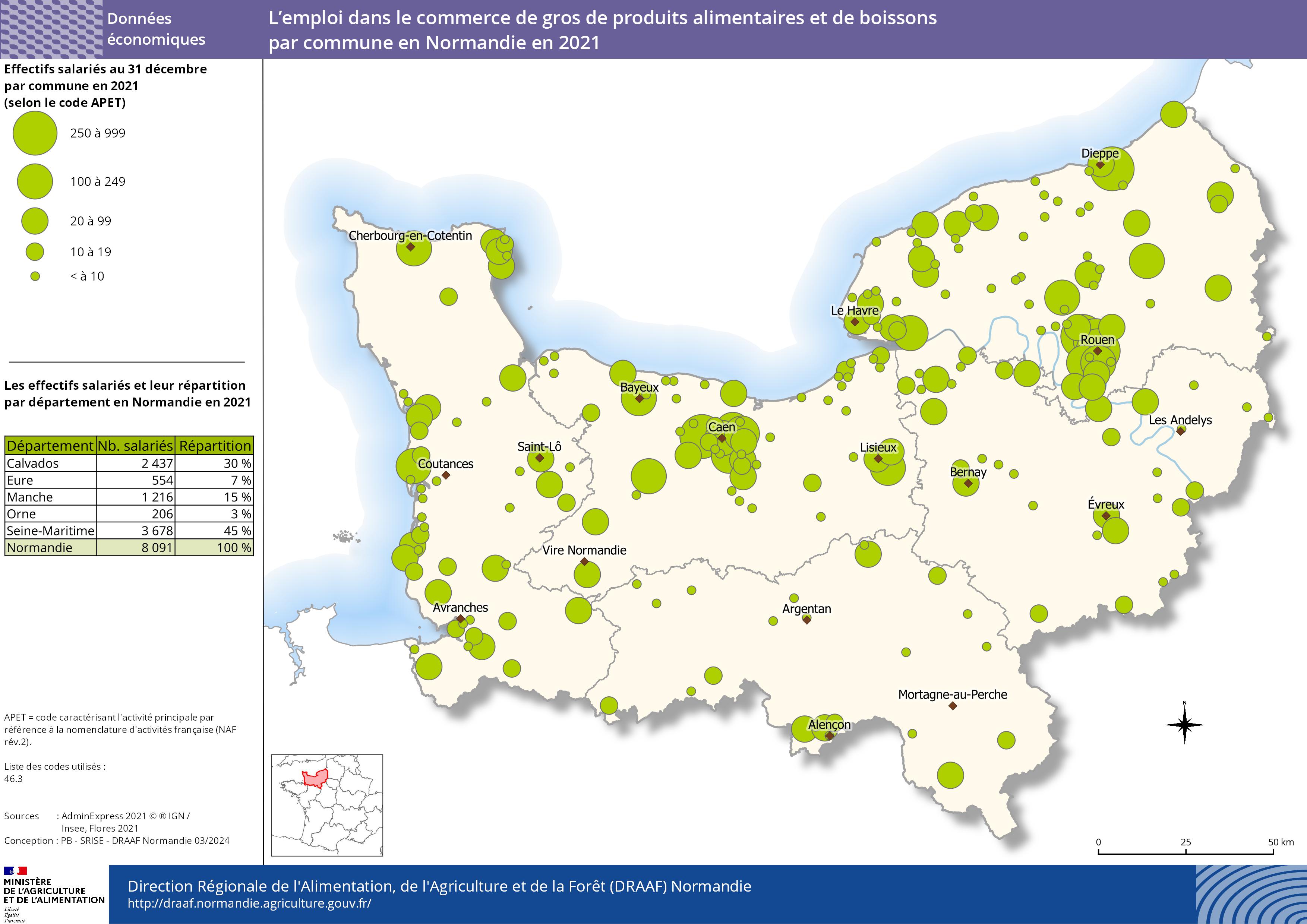 carte représentant l'emploi dans le commerce de gros de produits alimentaires et de boissons par commune en Normandie en 2021