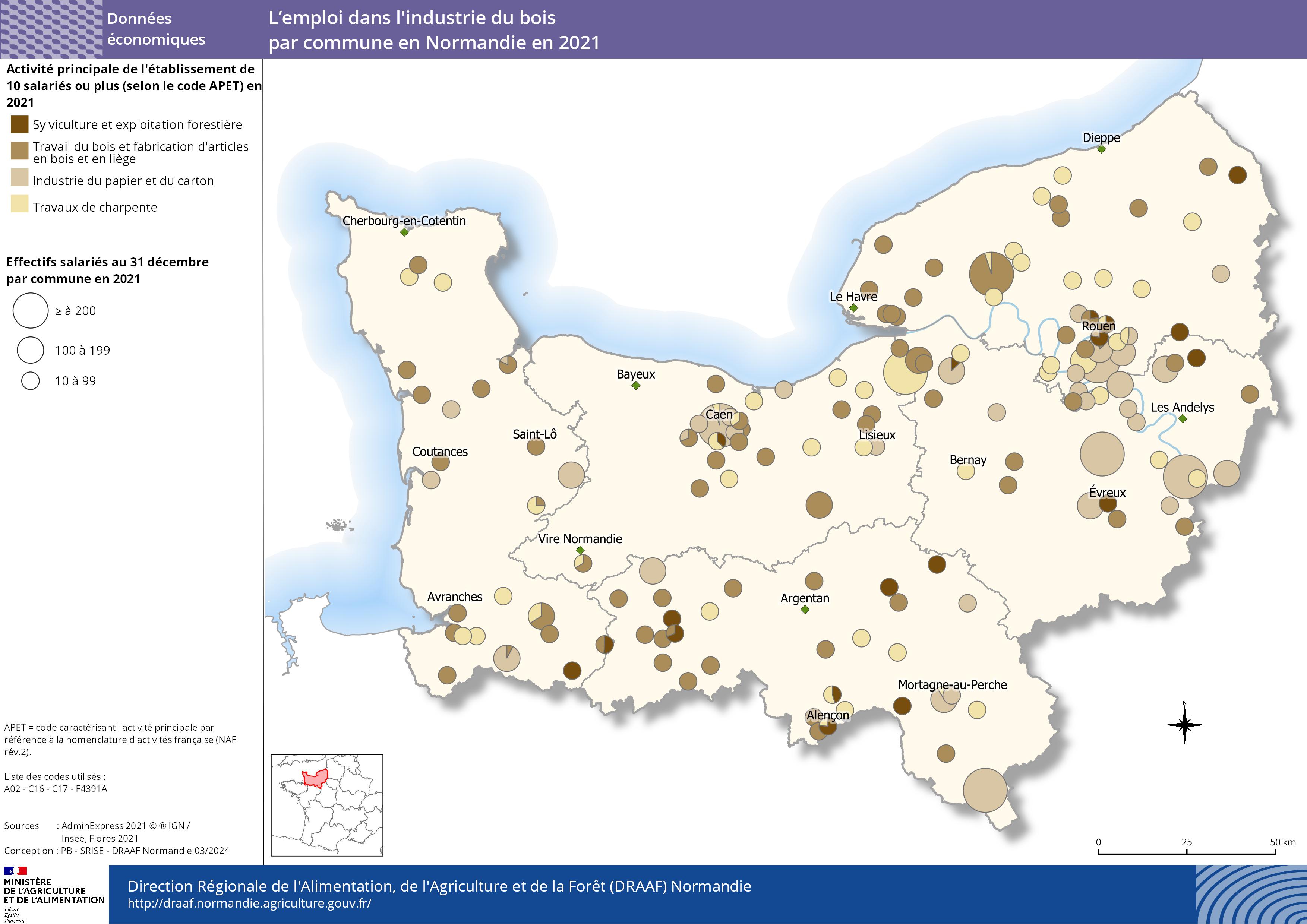 carte représentant l'emploi dans l'industrie du bois par commune en Normandie en 2021