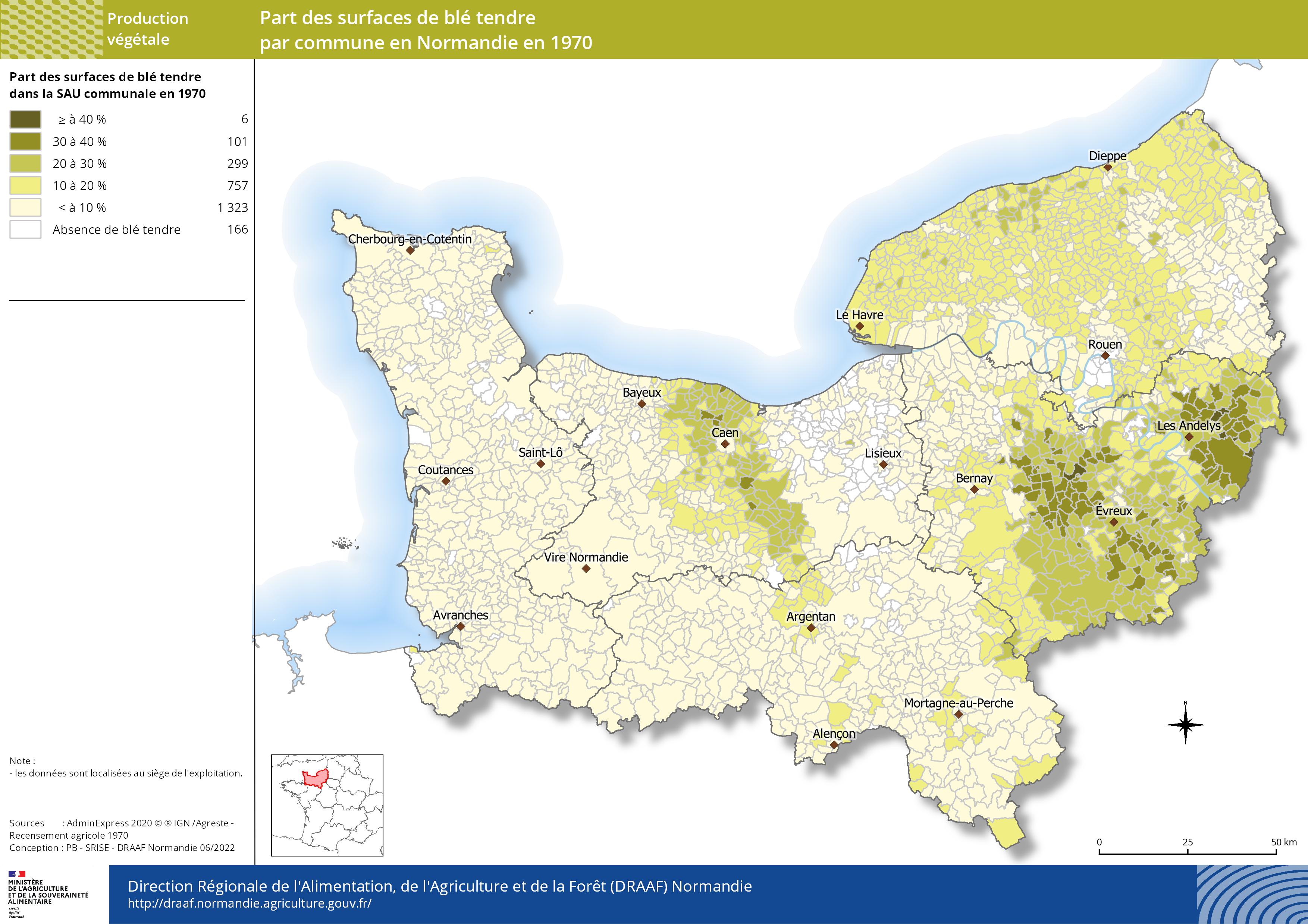 carte représentant la part des surfaces de blé tendre par commune en Normandie en 1970