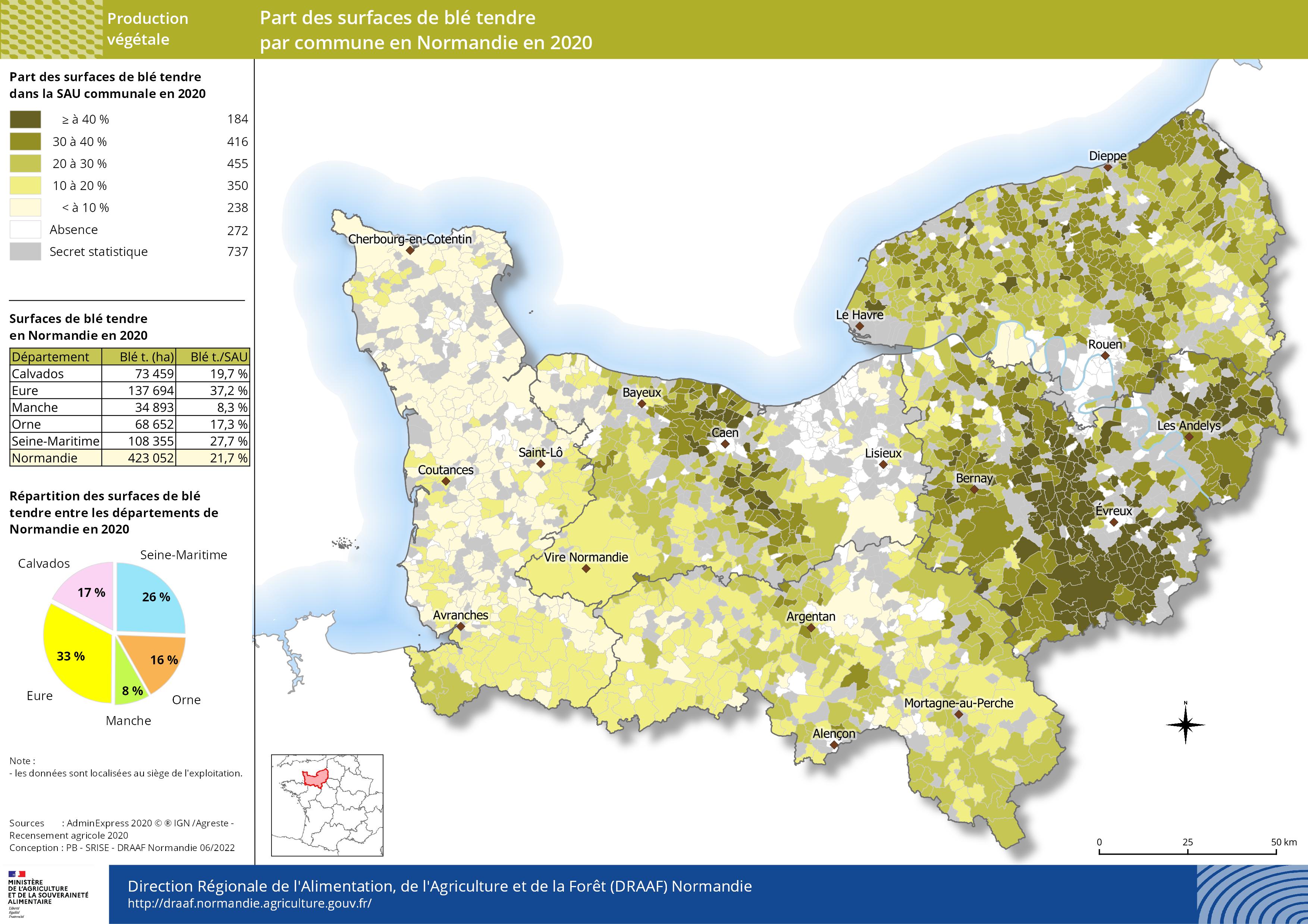 carte représentant la part des surfaces de blé tendre par commune en Normandie en 2020