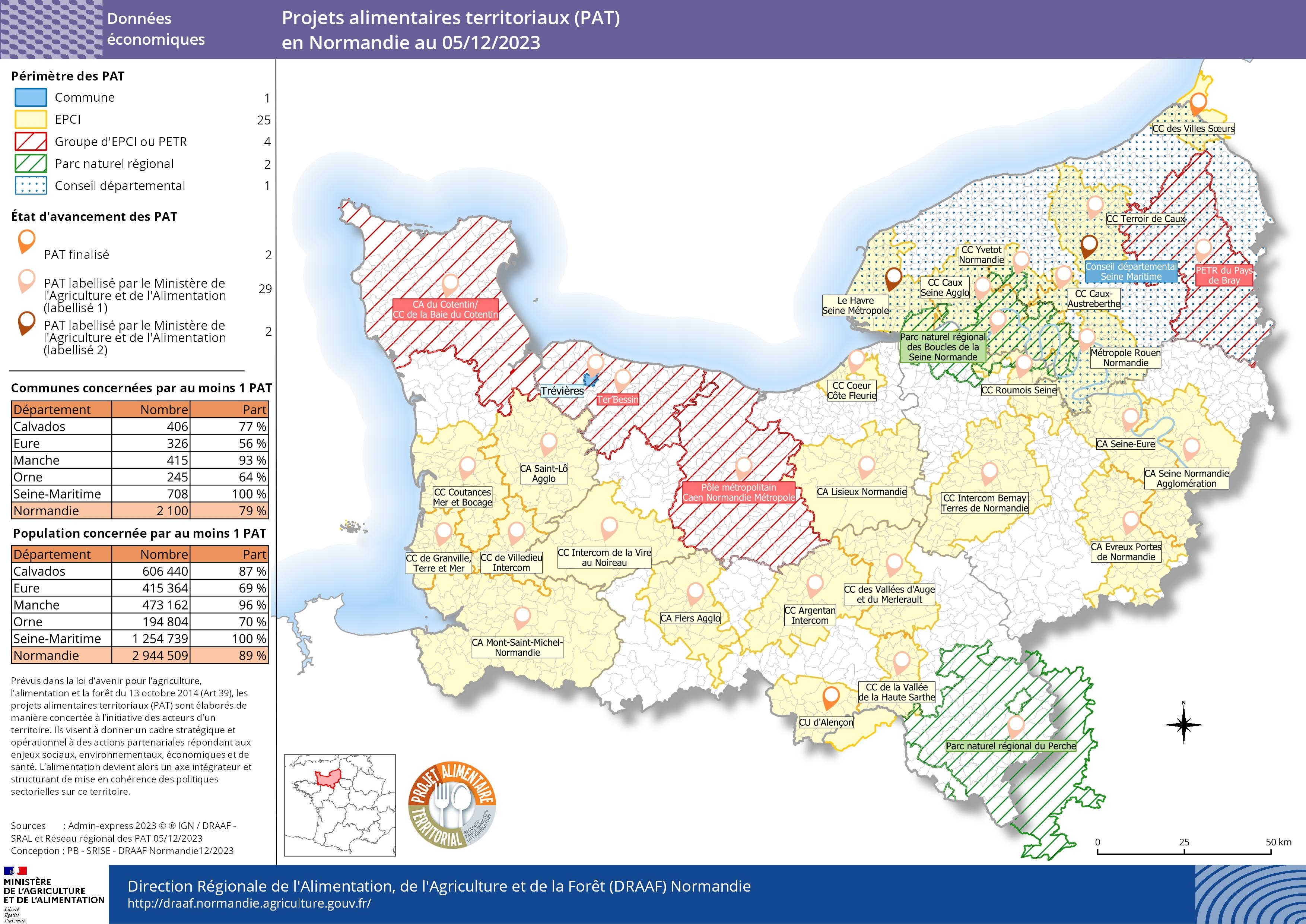 carte représentant les projets alimentaires territoriaux (PAT) en Normandie au 05/12/2023