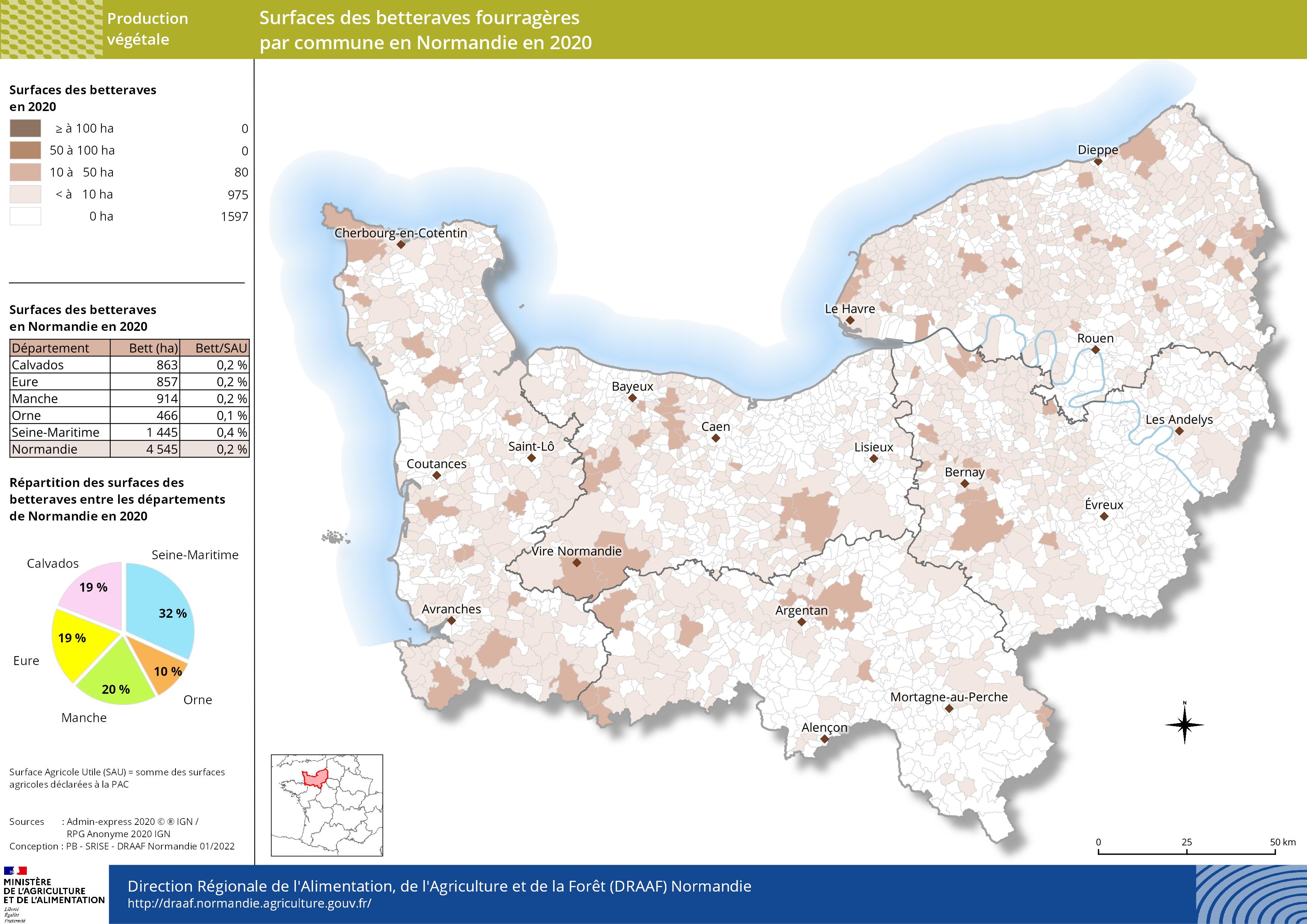 carte représentant les surfaces des betteraves fourragères par commune en Normandie en 2020