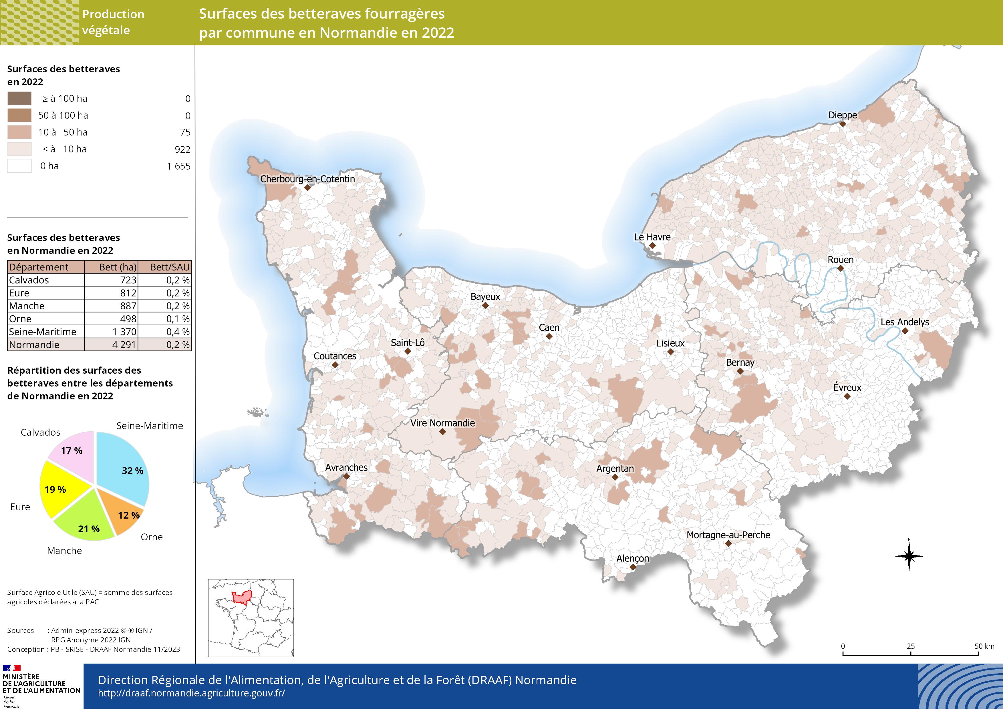 Carte représentant les surfaces de betteraves fourragères par commune en Normandie en 2022