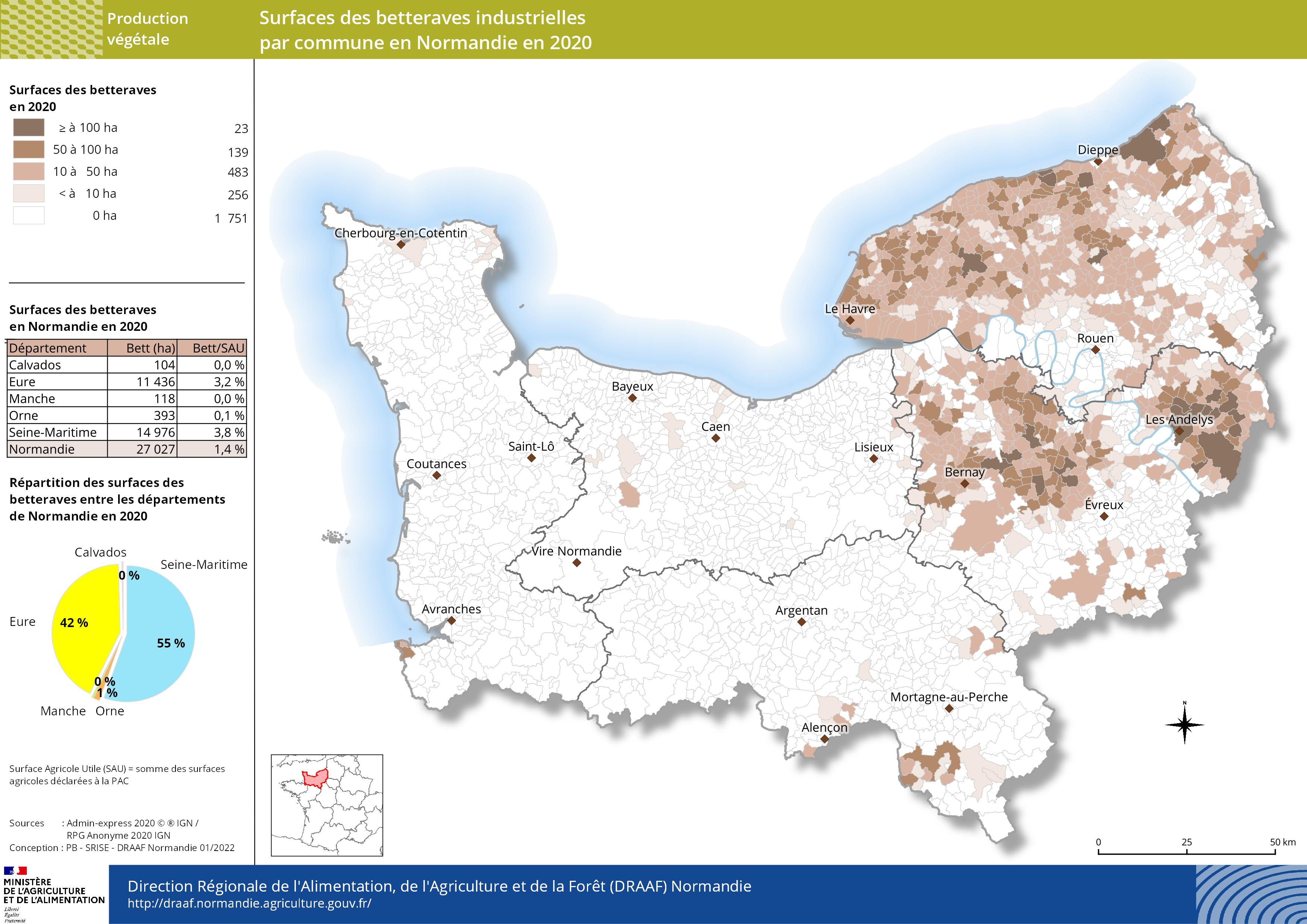 carte représentant les surfaces des betteraves industrielles par commune en Normandie en 2020