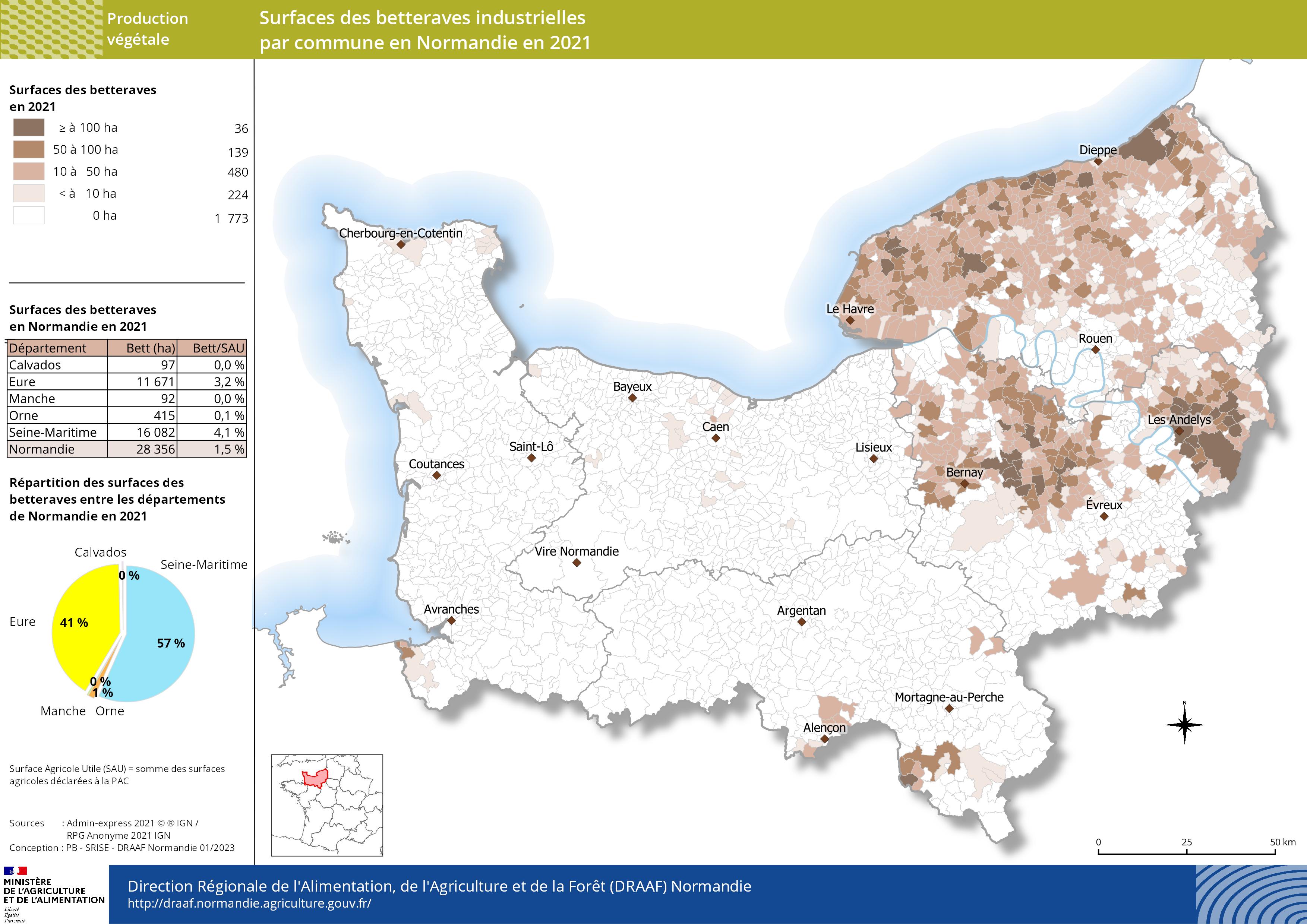 carte représentant les surfaces des betteraves industrielles par commune en Normandie en 2021