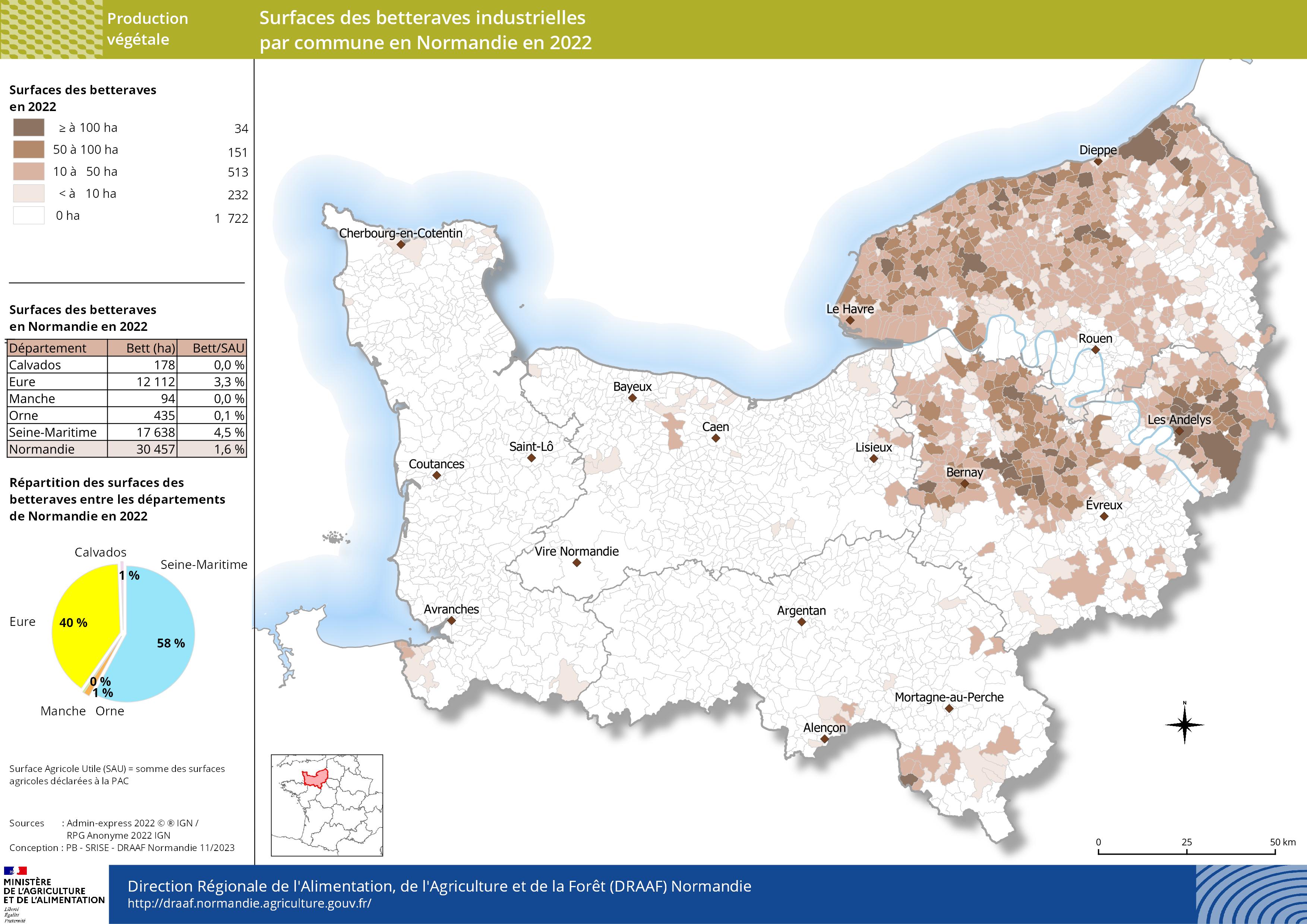 carte représentant les surfaces des betteraves industrielles par commune en Normandie en 2022