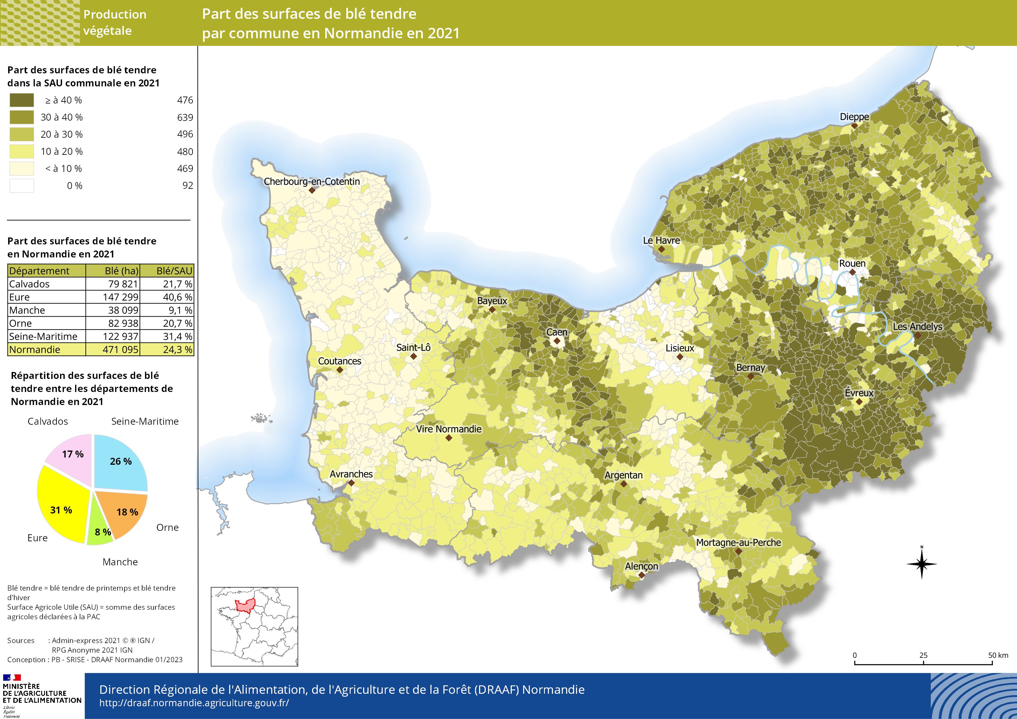 carte représentant la part des surfaces de blé tendre par commune en Normandie en 2021