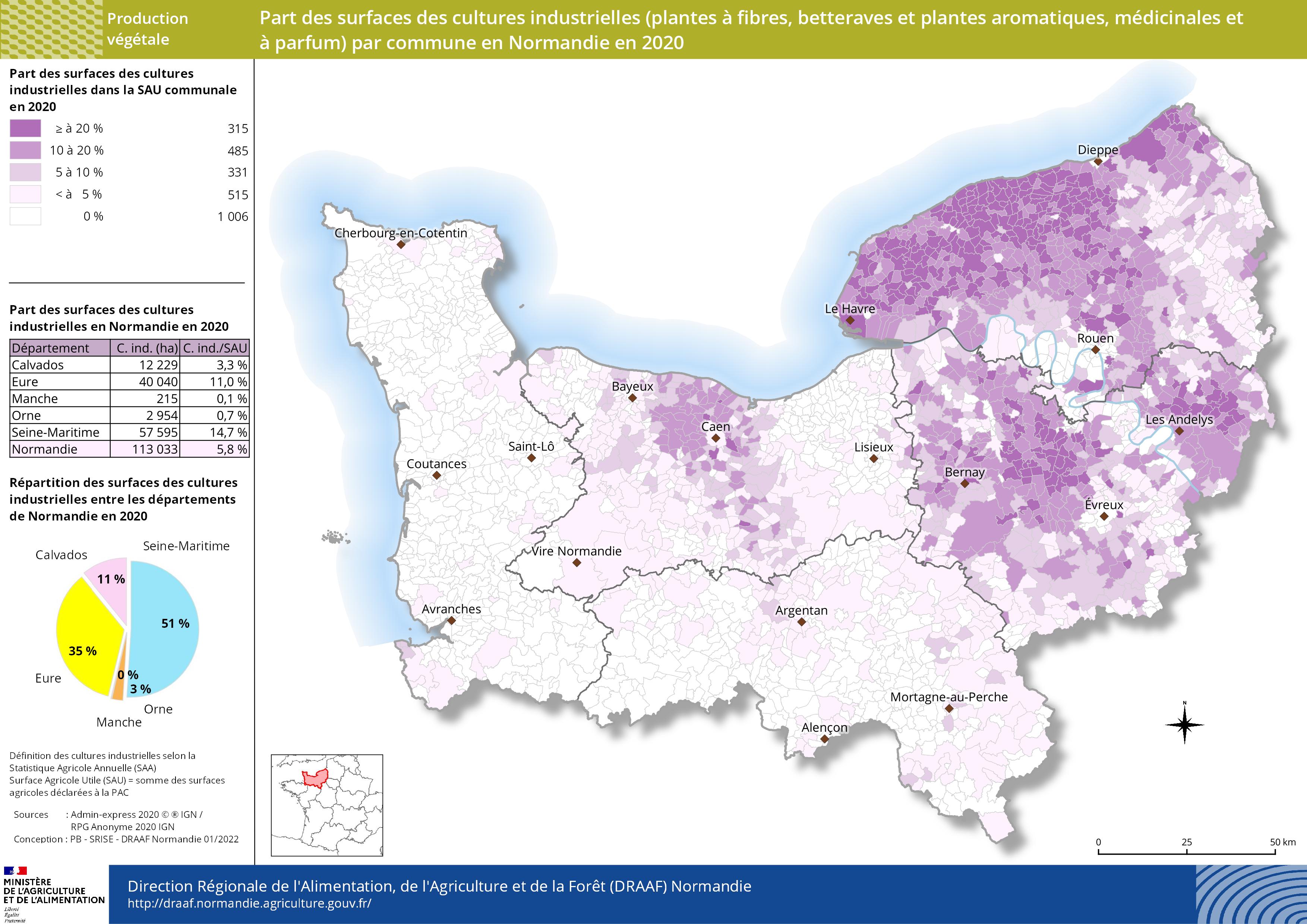 carte représentant la part des surfaces des cultures industrielles (plantes à fibres, betteraves et plantes aromatiques, médicinales et à parfum) par commune en Normandie en 2020