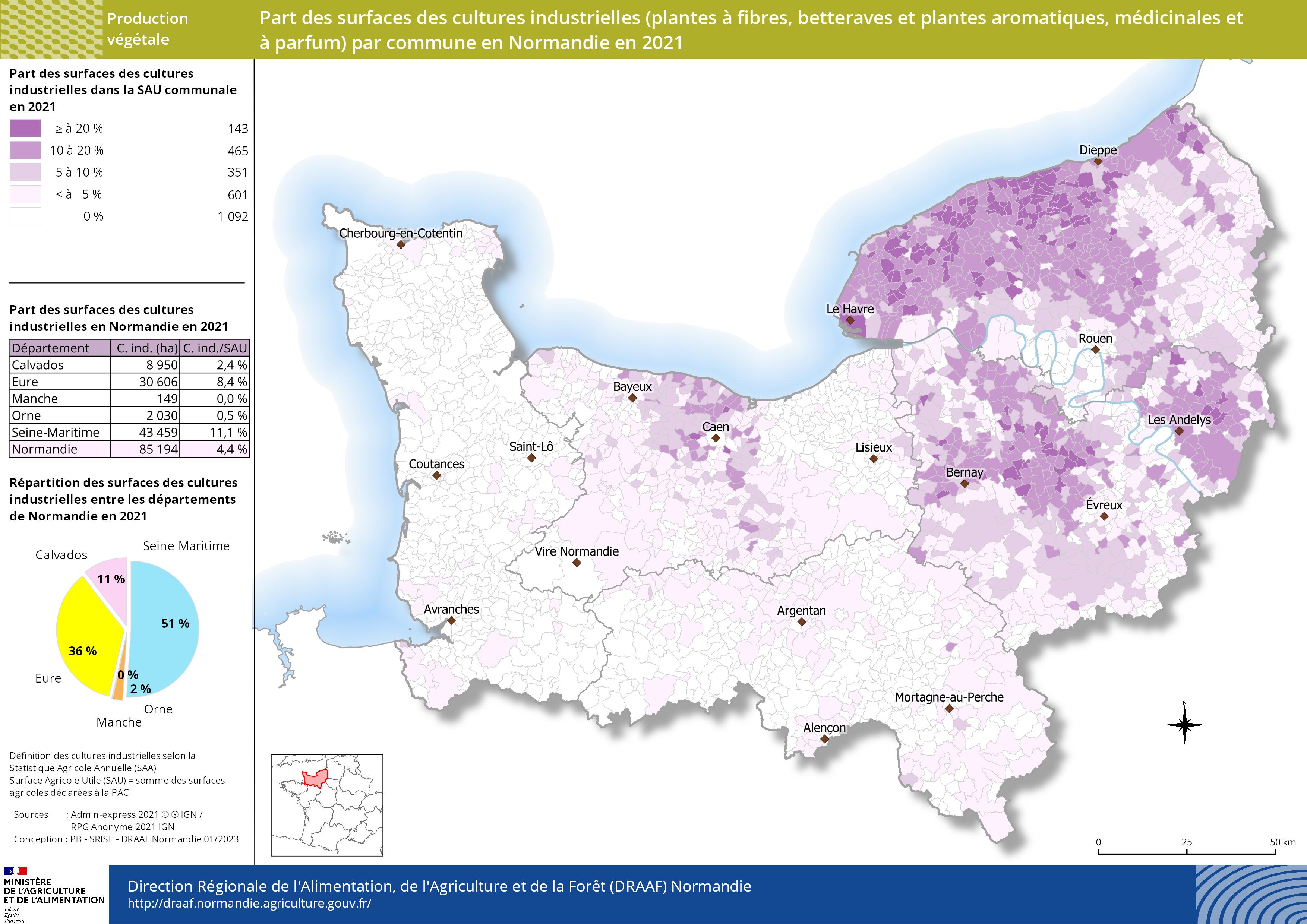 carte représentant la part des surfaces des cultures industrielles (plantes à fibres, betteraves et plantes aromatiques, médicinales et à parfum) par commune en Normandie en 2021