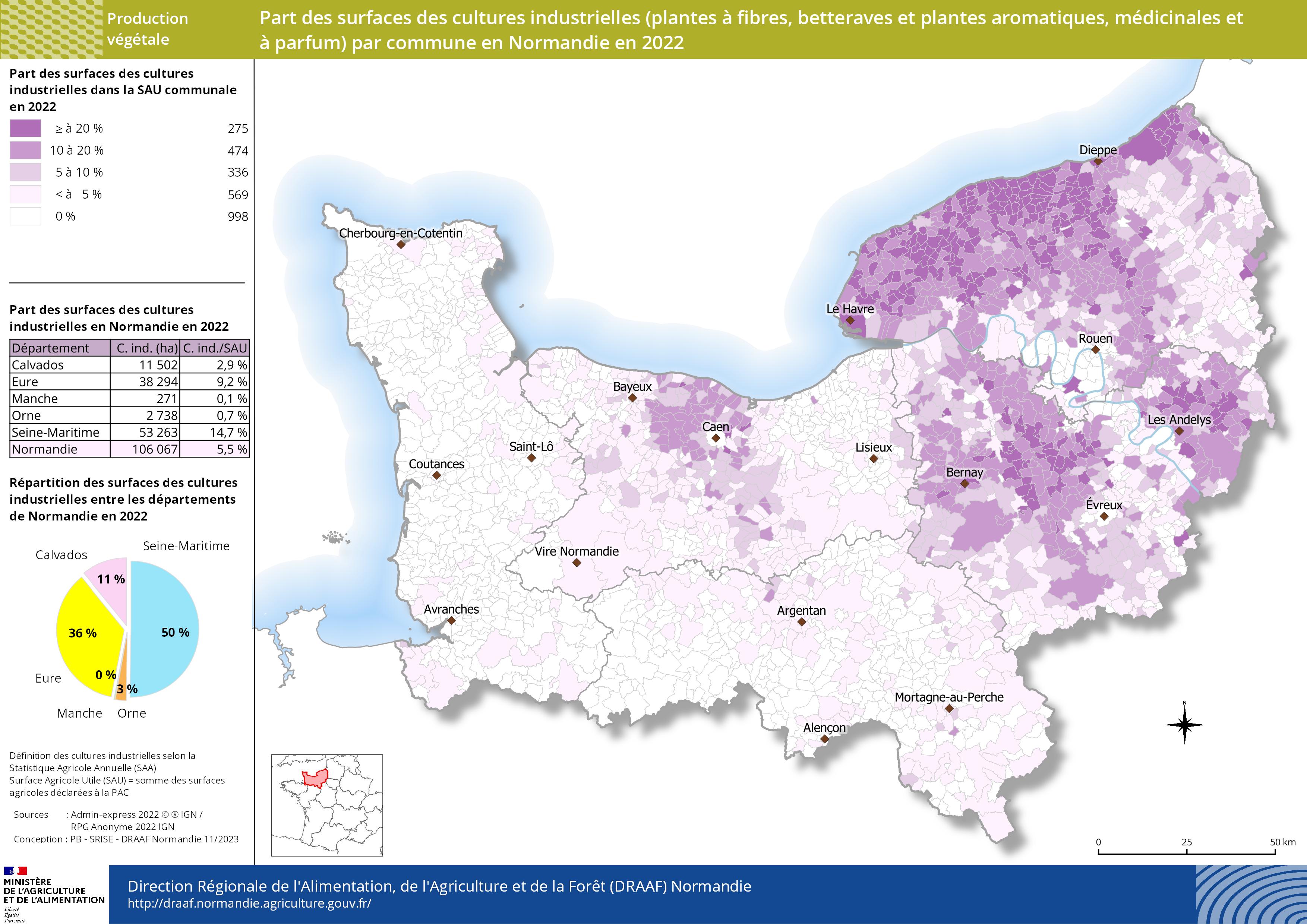 Carte représentant la part des surfaces des cultures industrielles (plantes à fibres, betteraves et plantes aromatiques, médicinales et à parfum) par commune en Normandie en 2022