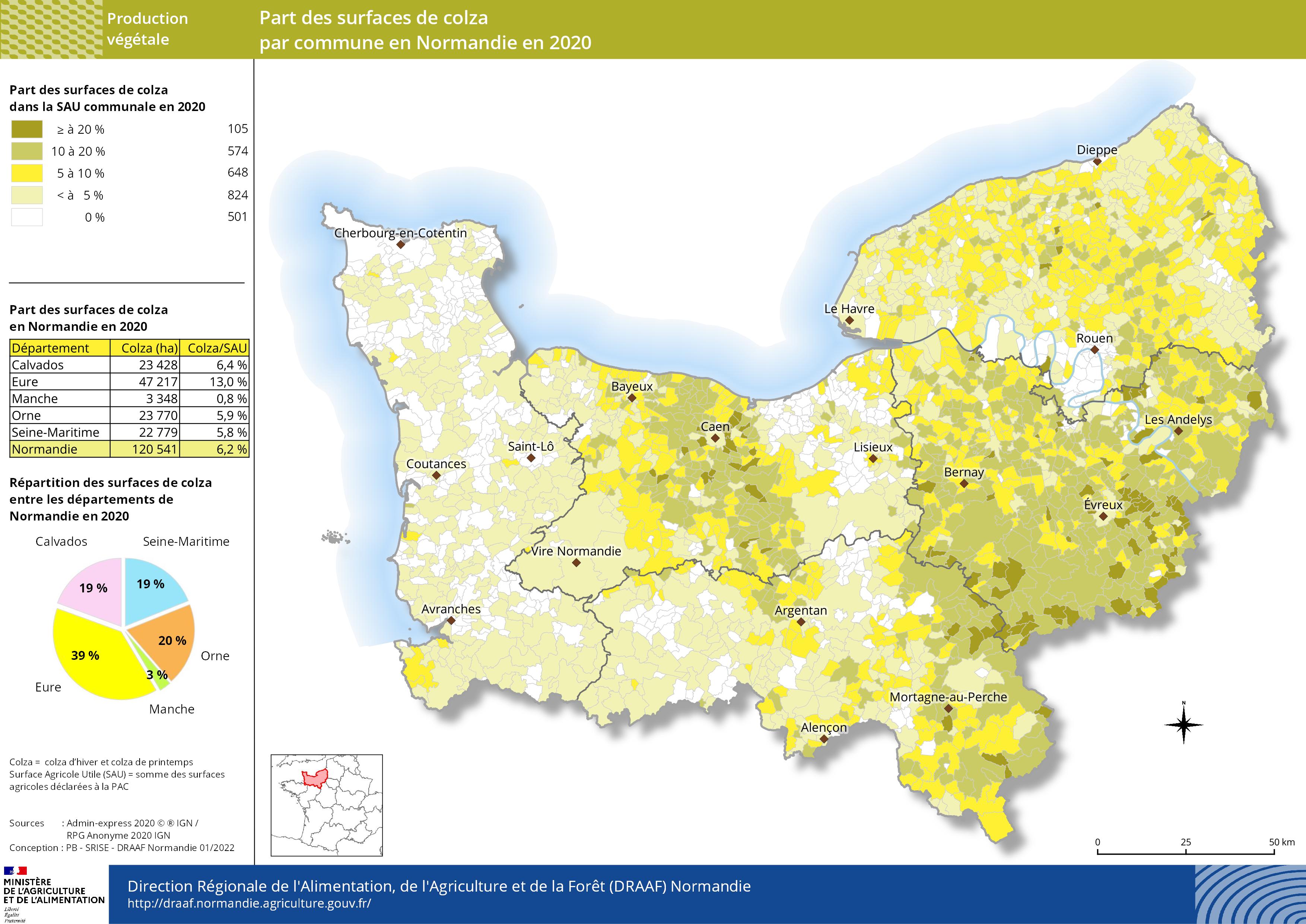 carte représentant la part des surfaces de colza par commune en Normandie en 2020