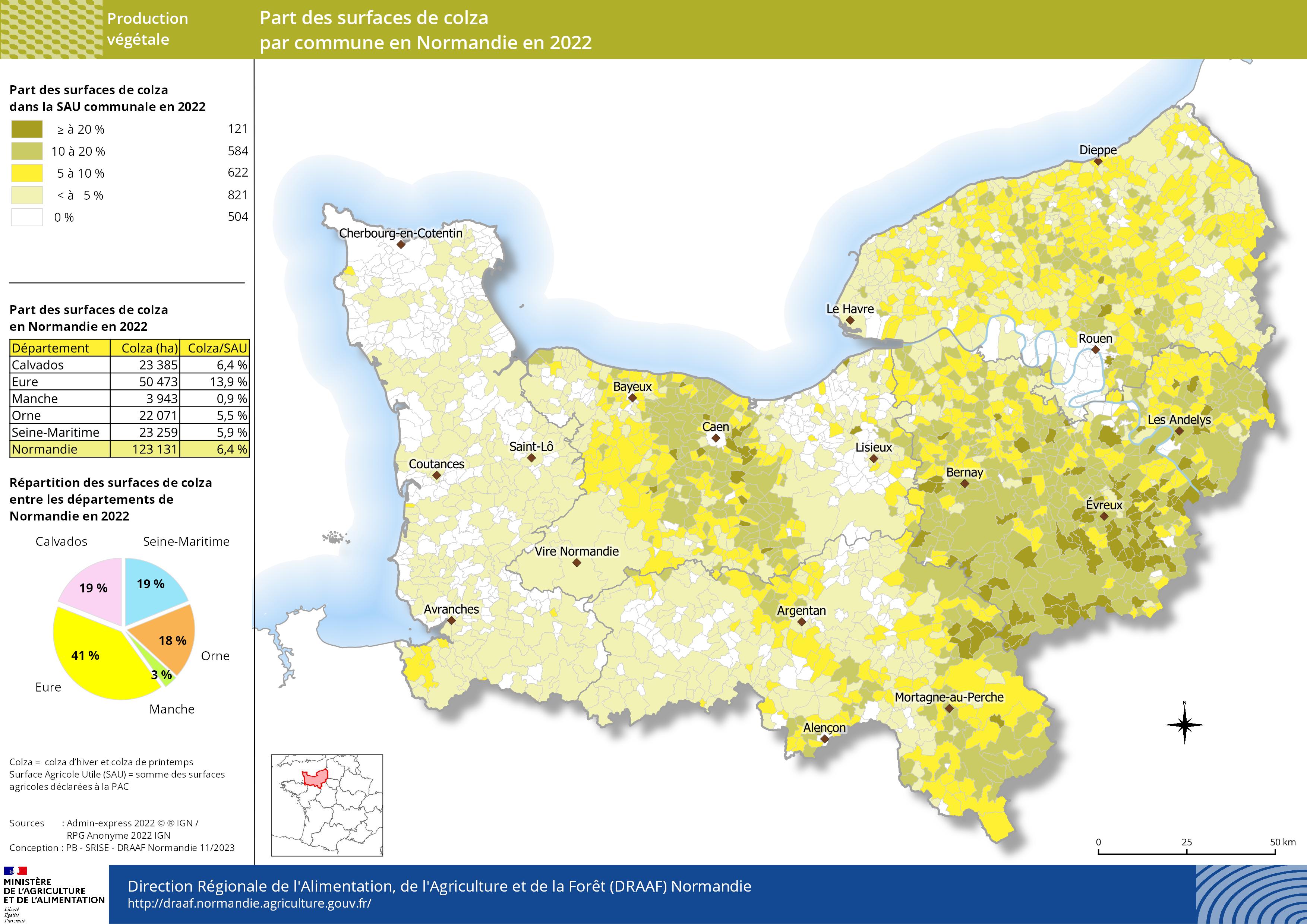 carte représentant la part des surfaces de colza par commune en Normandie en 2022