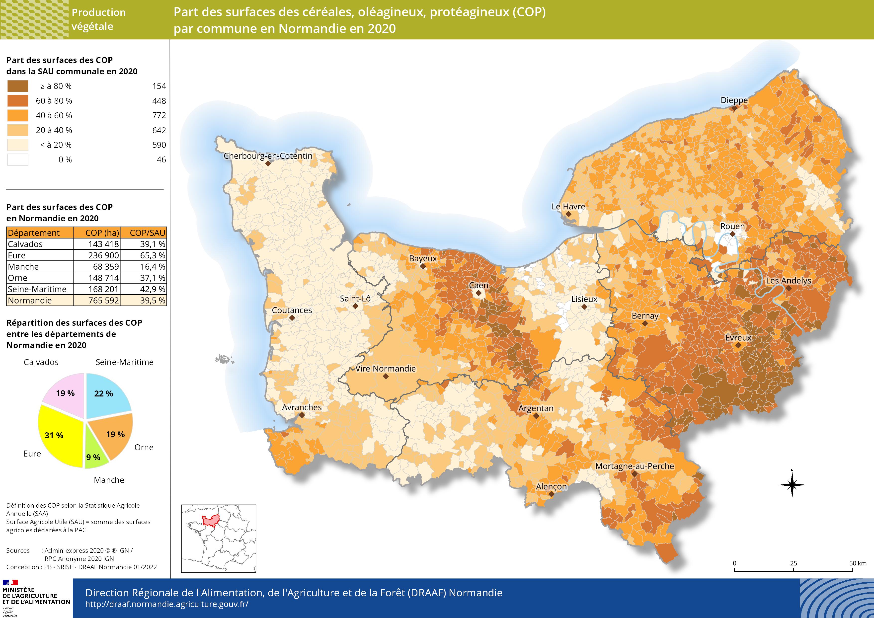 carte représentant la part des surfaces des COP par commune en Normandie en 2020