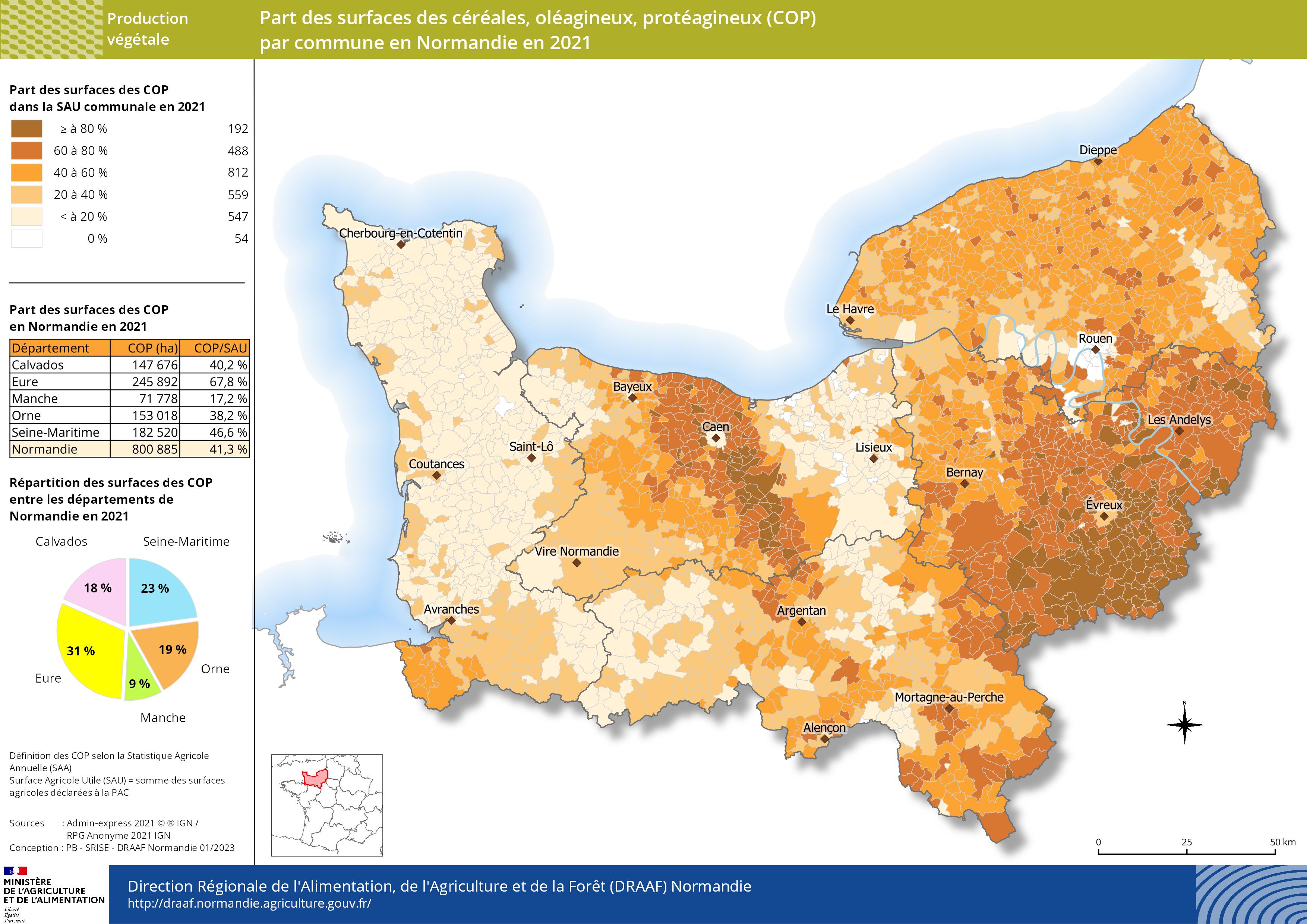 carte représentant la part des surfaces des COP par commune en Normandie en 2021