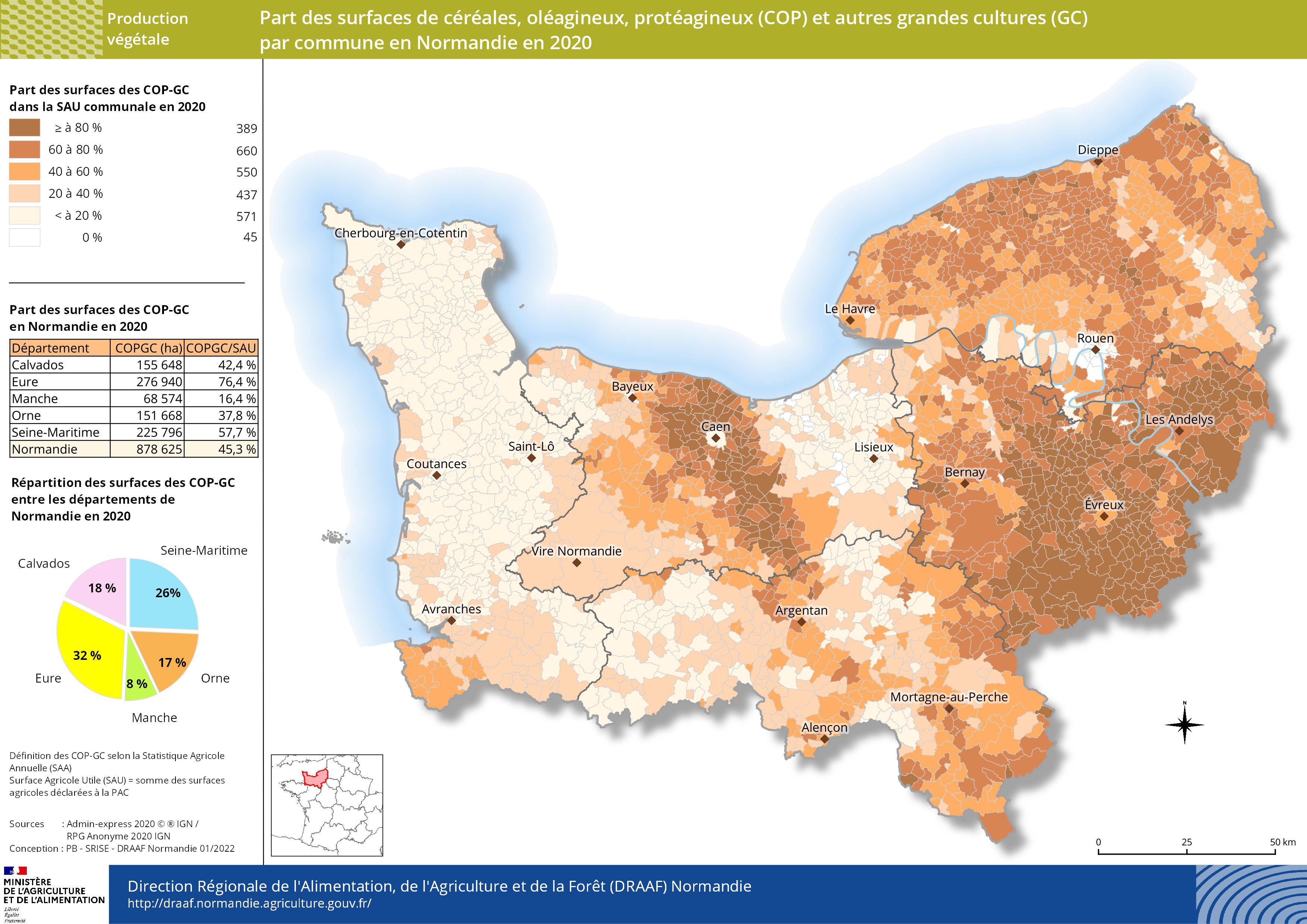 carte représentant la part des surfaces des COP-GC par commune en Normandie en 2020