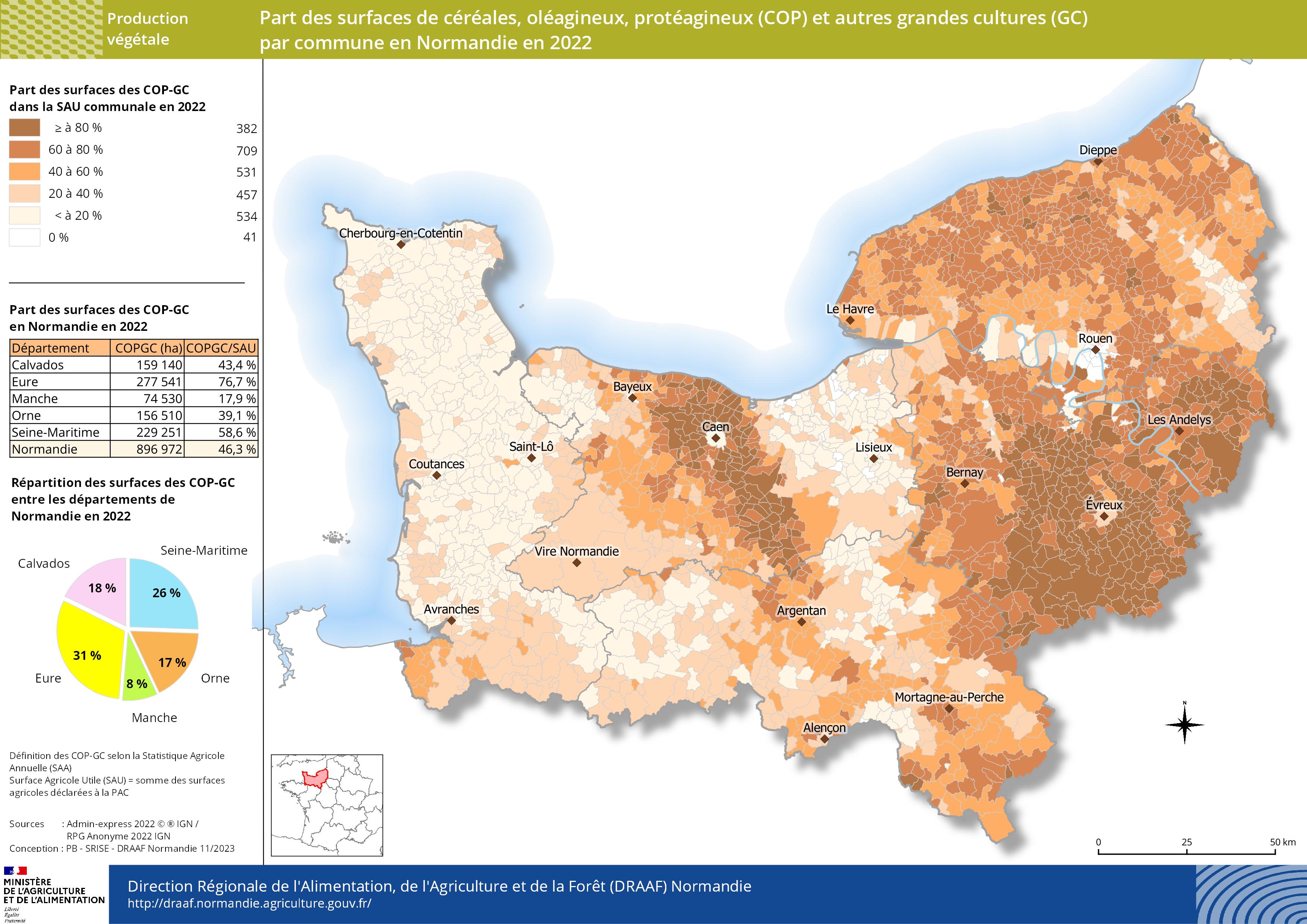 Carte représentant la part des surfaces des COP-GC par commune en Normandie en 2022