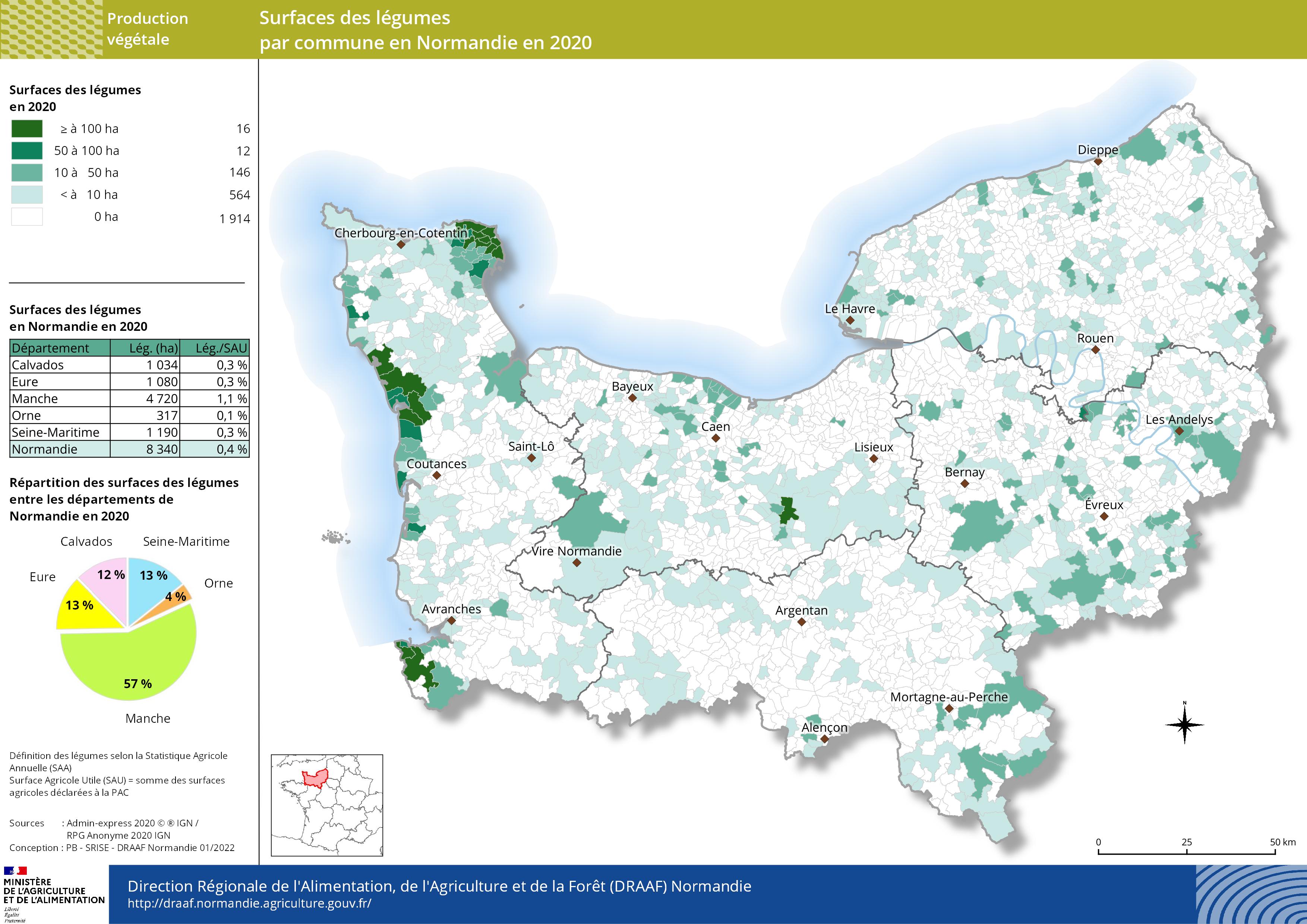 carte représentant les surfaces des légumes par commune en Normandie en 2020