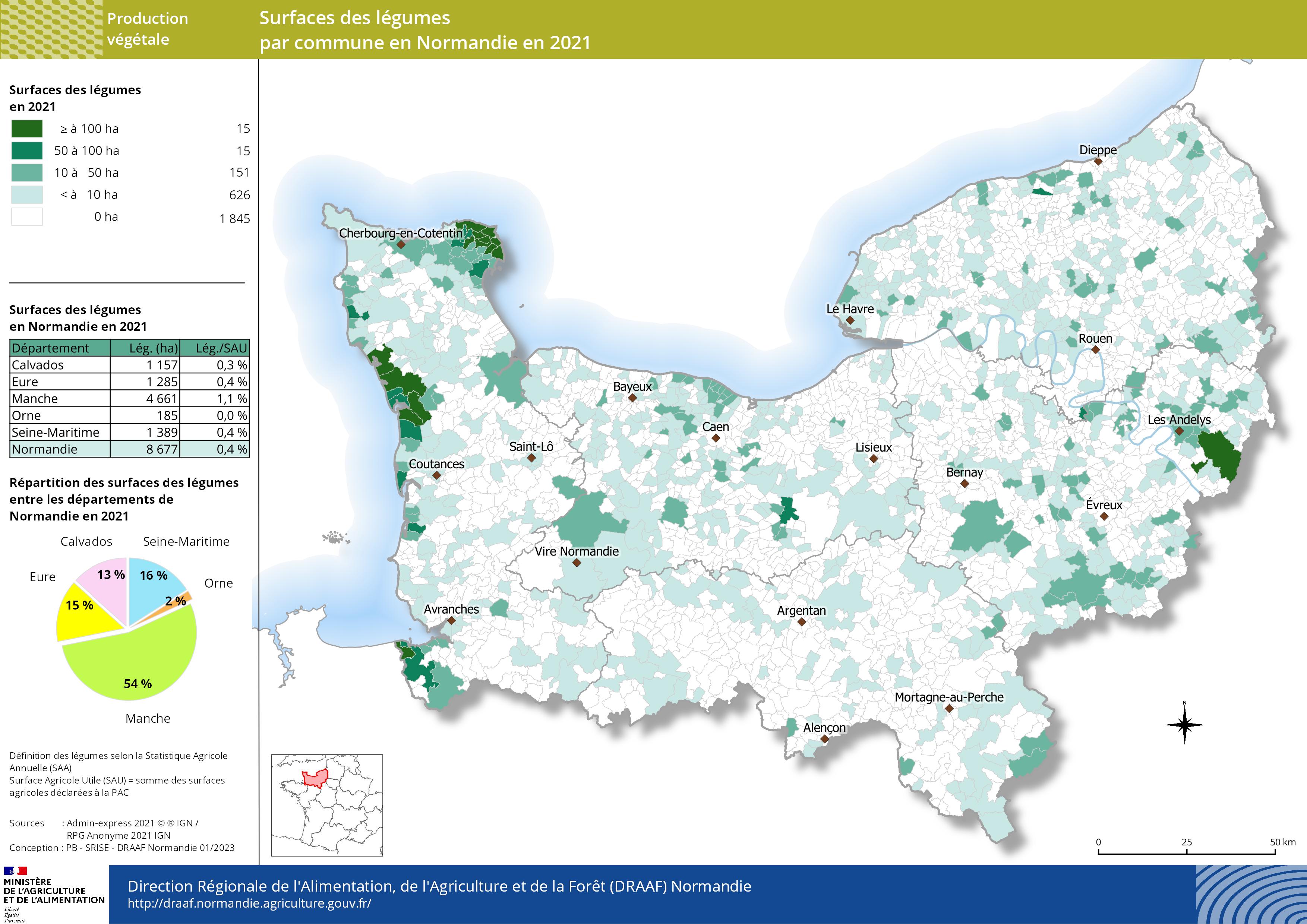 carte représentant les surfaces des légumes par commune en Normandie en 2021