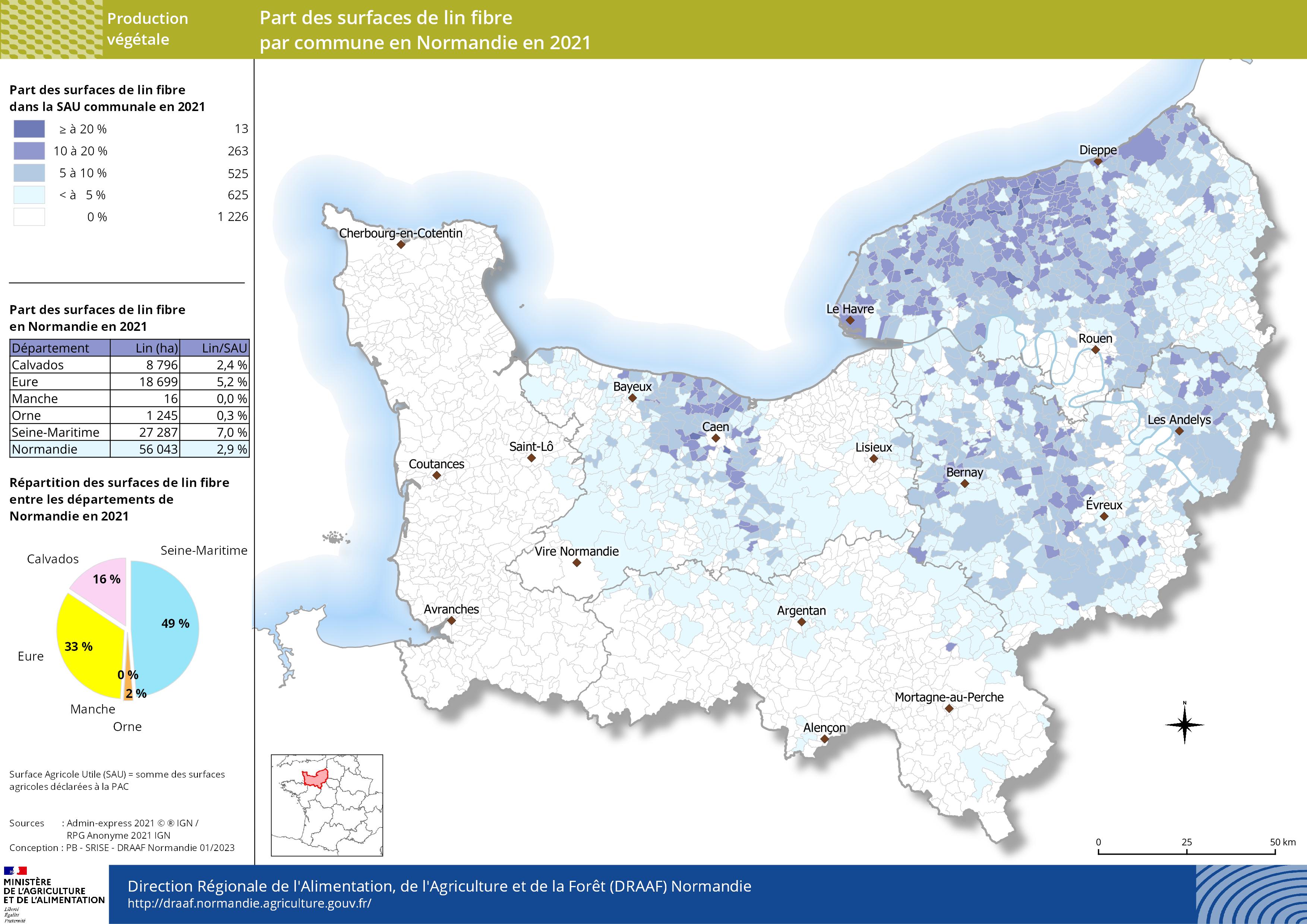 Carte représentant la part des surfaces de lin fibre par commune en Normandie en 2021