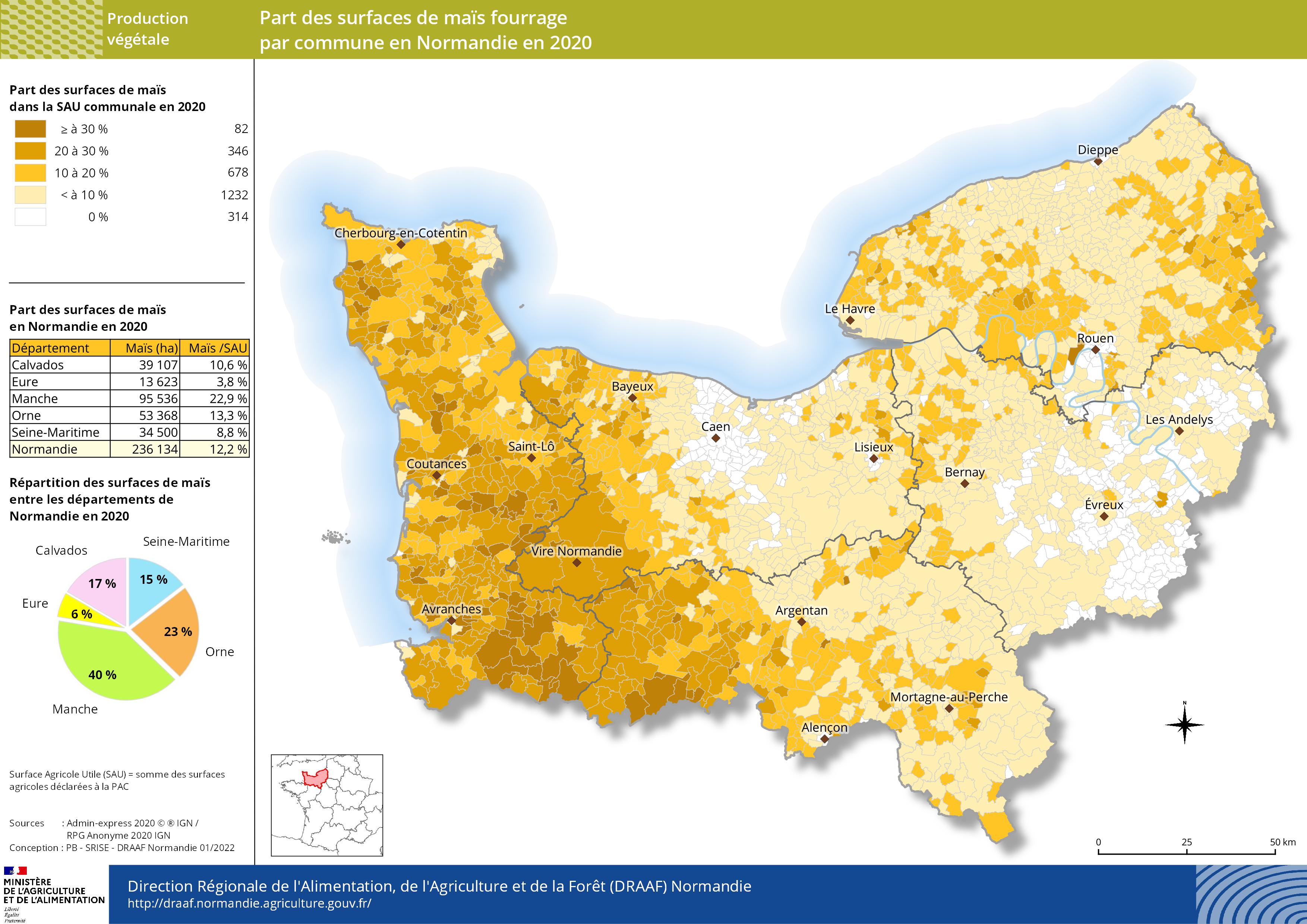 carte représentant la part des surfaces de maïs fourrage par commune en Normandie en 2020