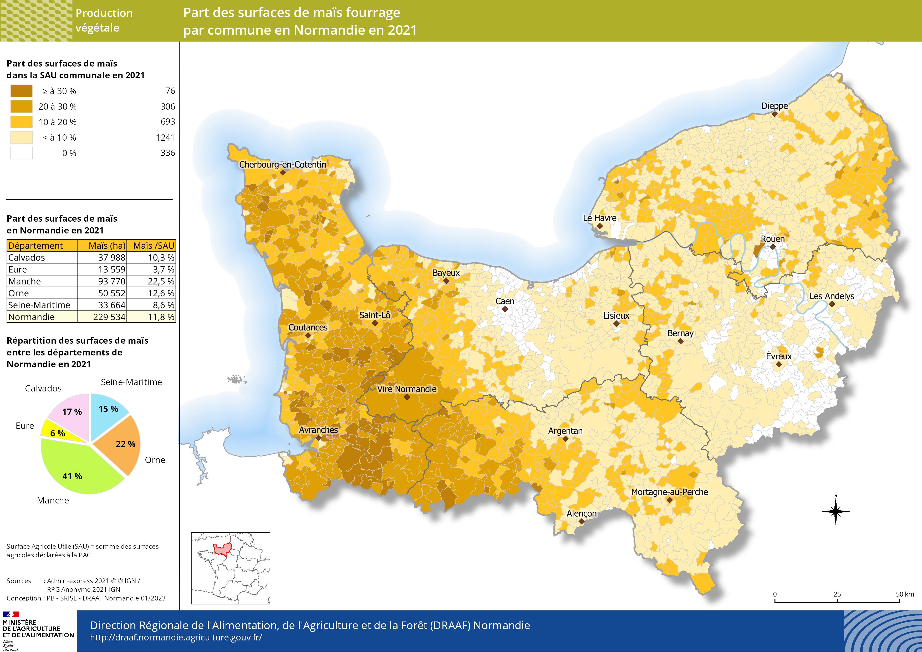 Carte représentant la part des surfaces de maïs fourrage par commune en Normandie en 2021
