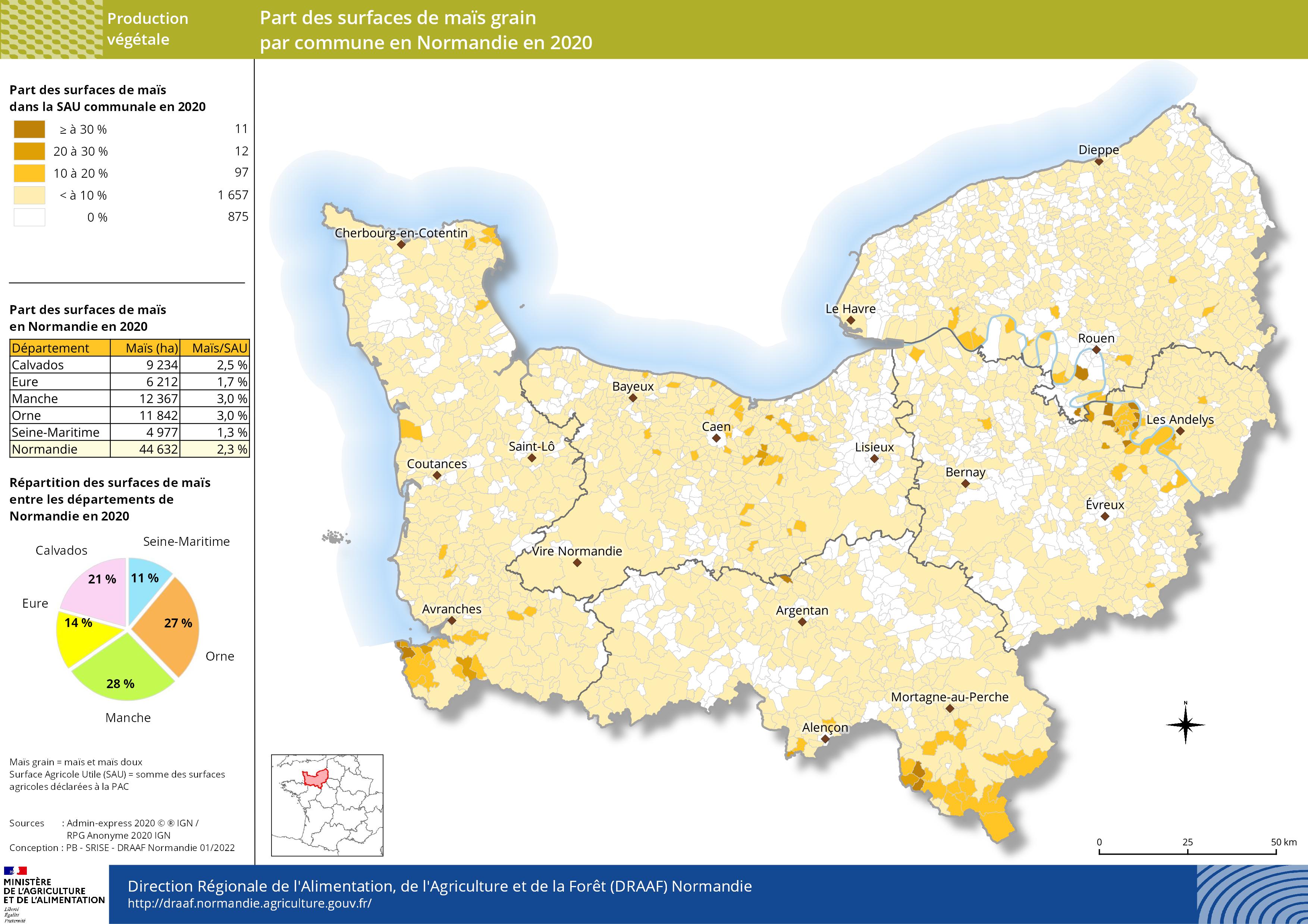 carte représentant la part des surfaces de maïs grain par commune en Normandie en 2020