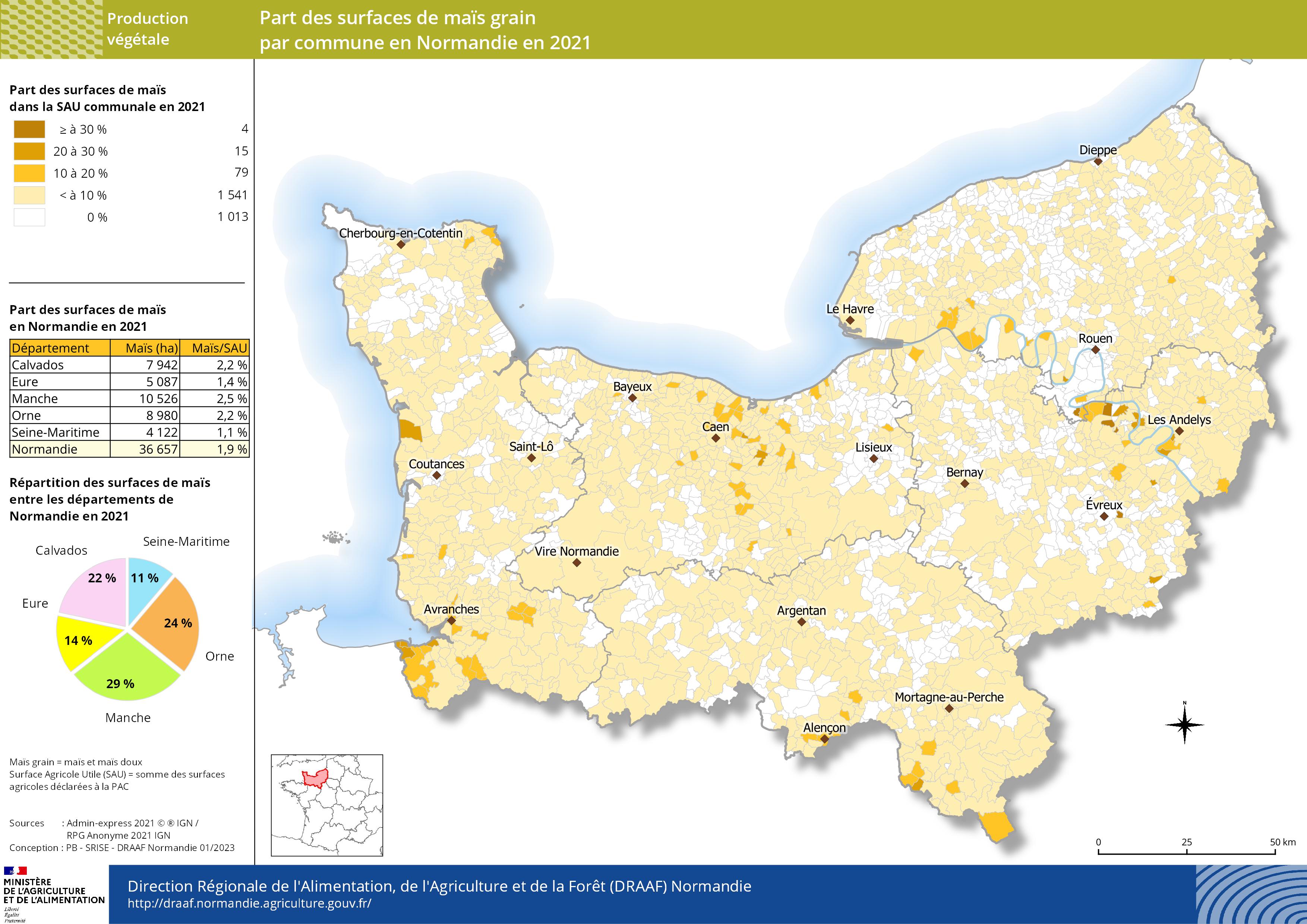 carte représentant la part des surfaces de maïs grain par commune en Normandie en 2021