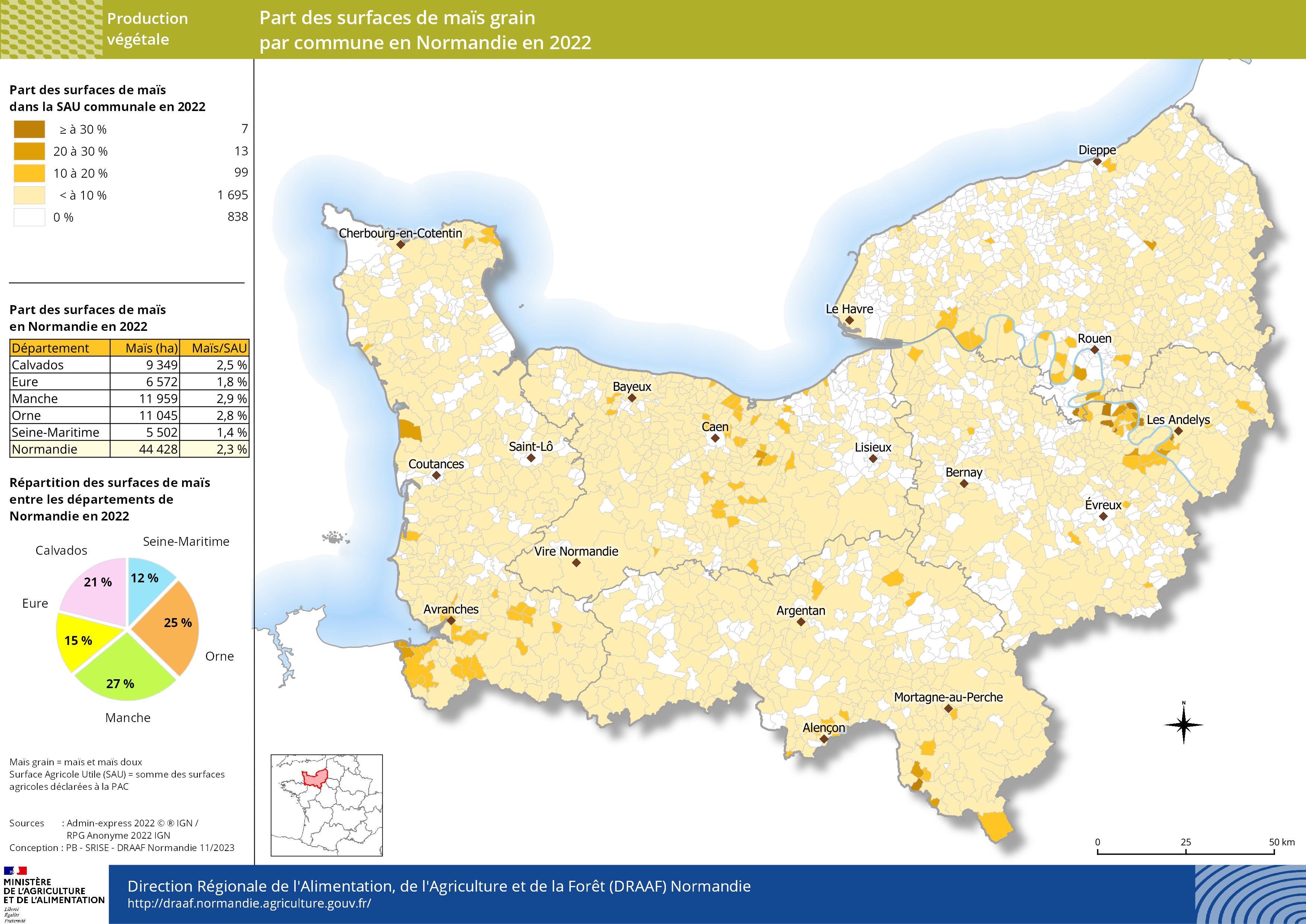 Carte représentant la part des surfaces de maïs grain par commune en Normandie en 2022