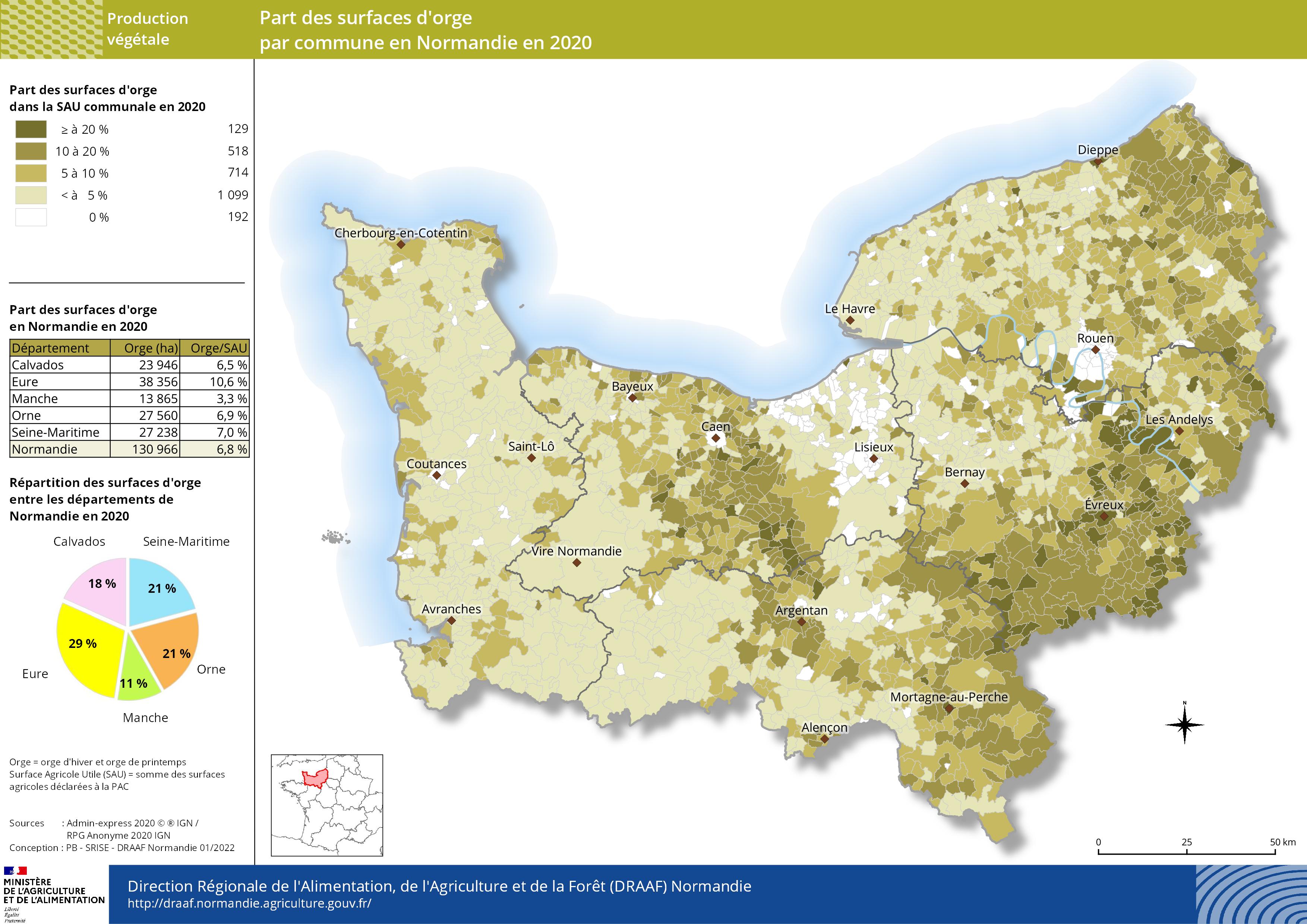carte représentant la part des surfaces d'orge par commune en Normandie en 2020