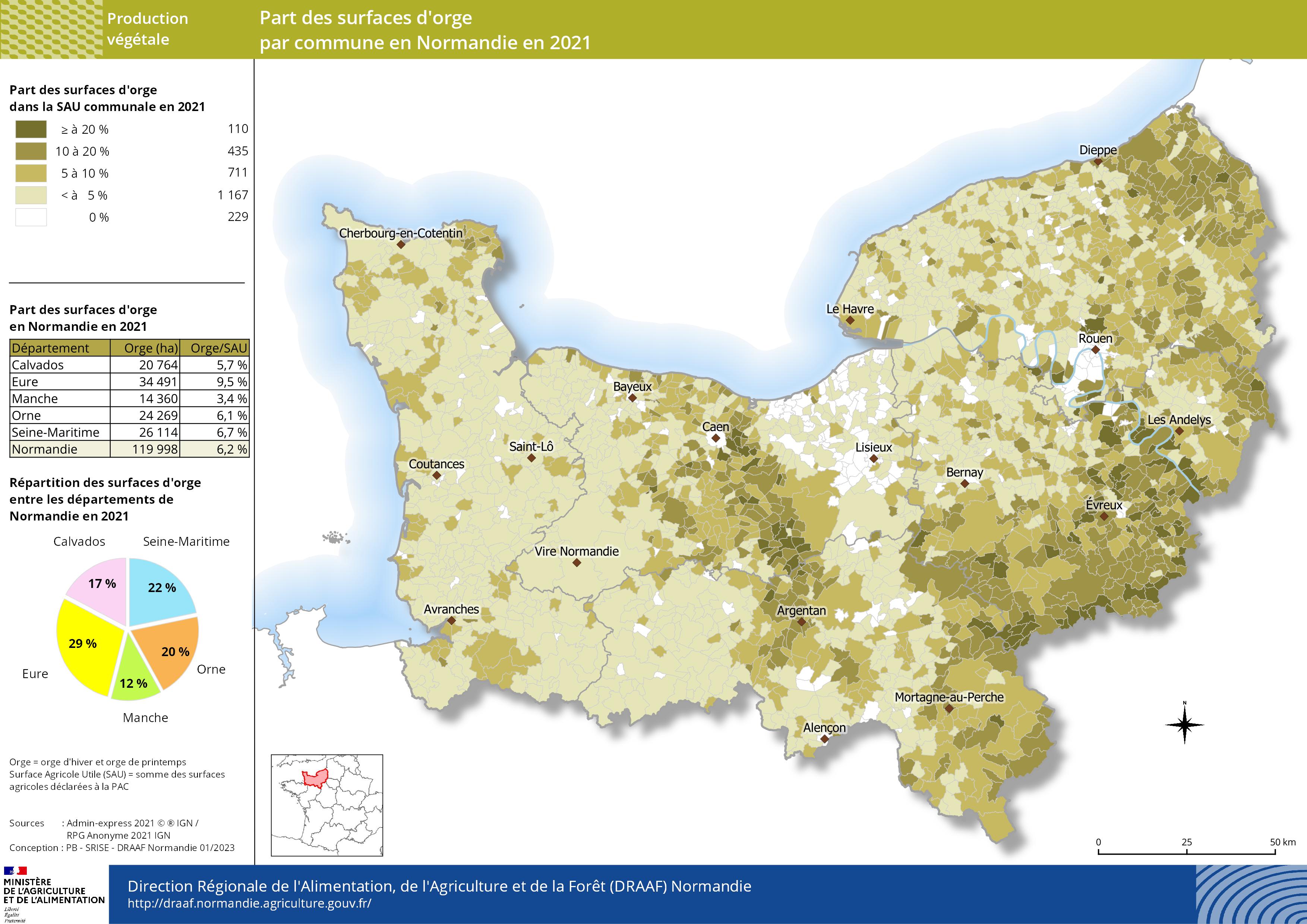 carte représentant la part des surfaces d'orge par commune en Normandie en 2021