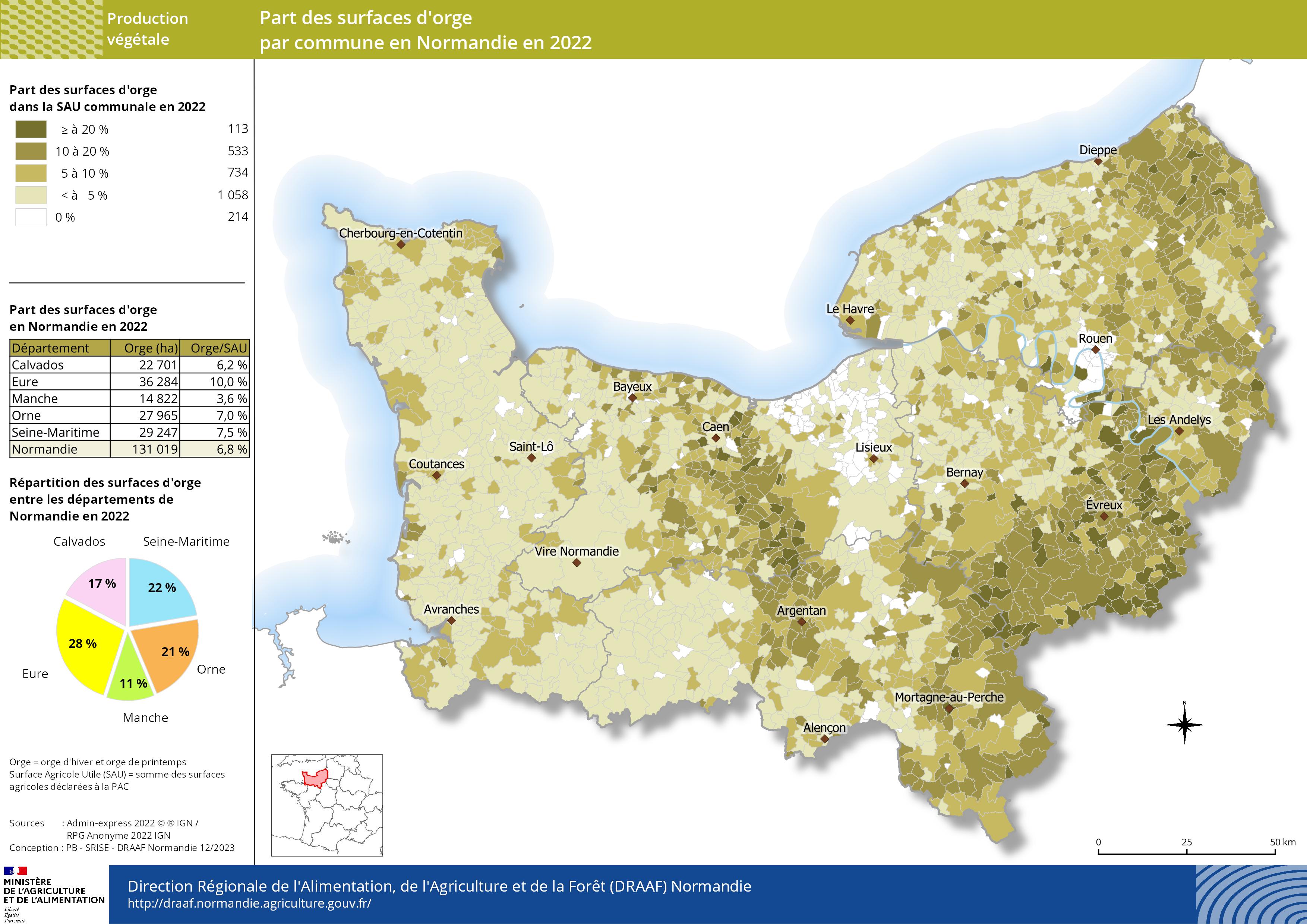 carte représentant la part des surfaces d'orge par commune en Normandie en 2022