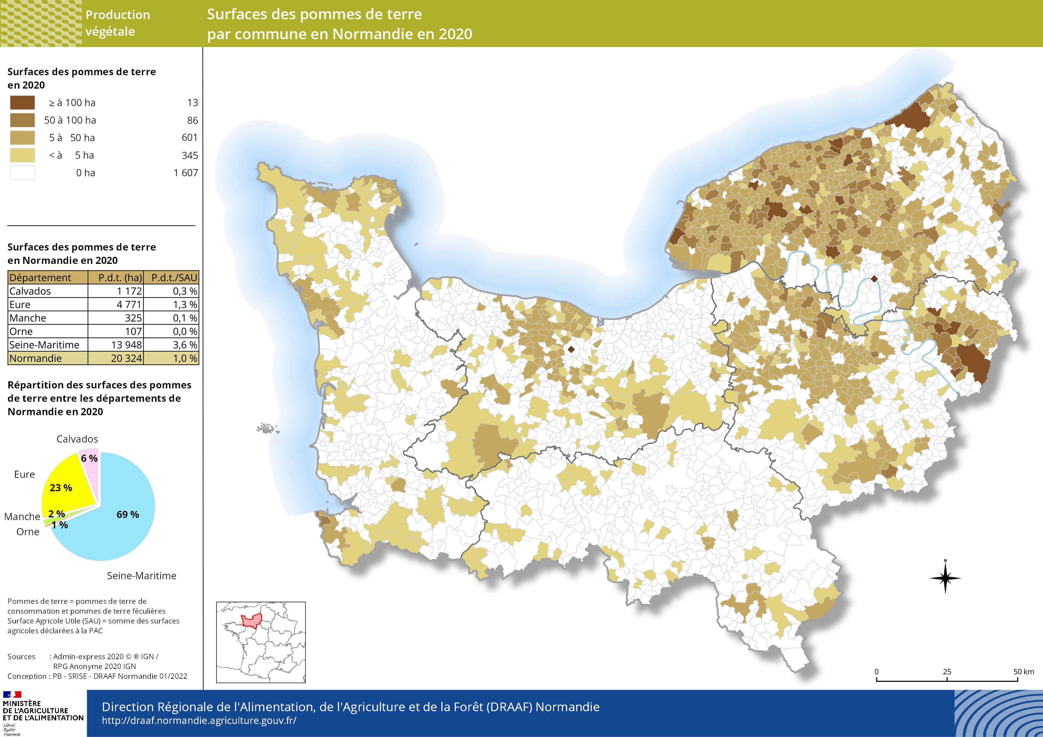 carte représentant les surfaces des pommes de terre par commune en Normandie en 2020