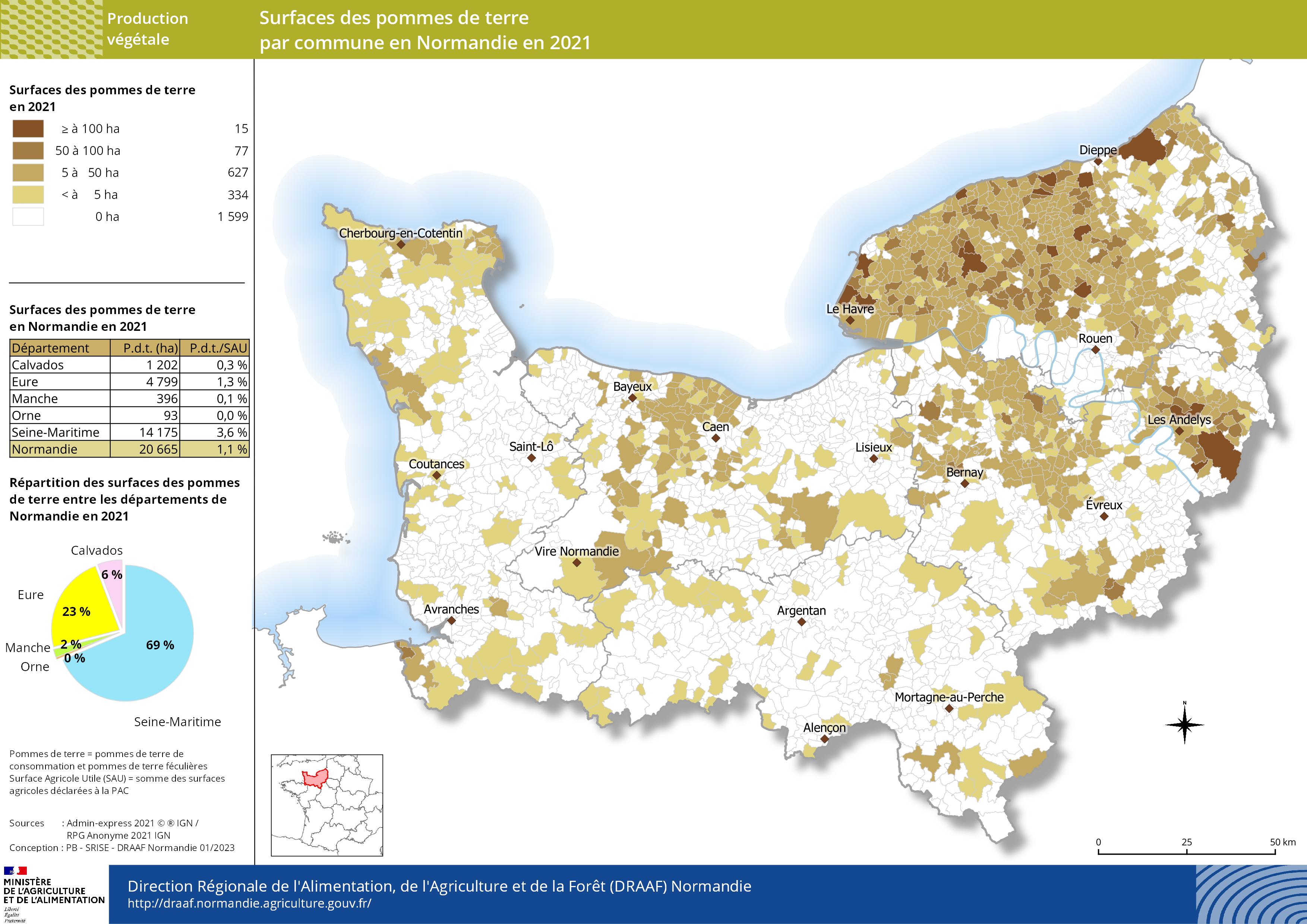 carte représentant les surfaces des pommes de terre par commune en Normandie en 2021