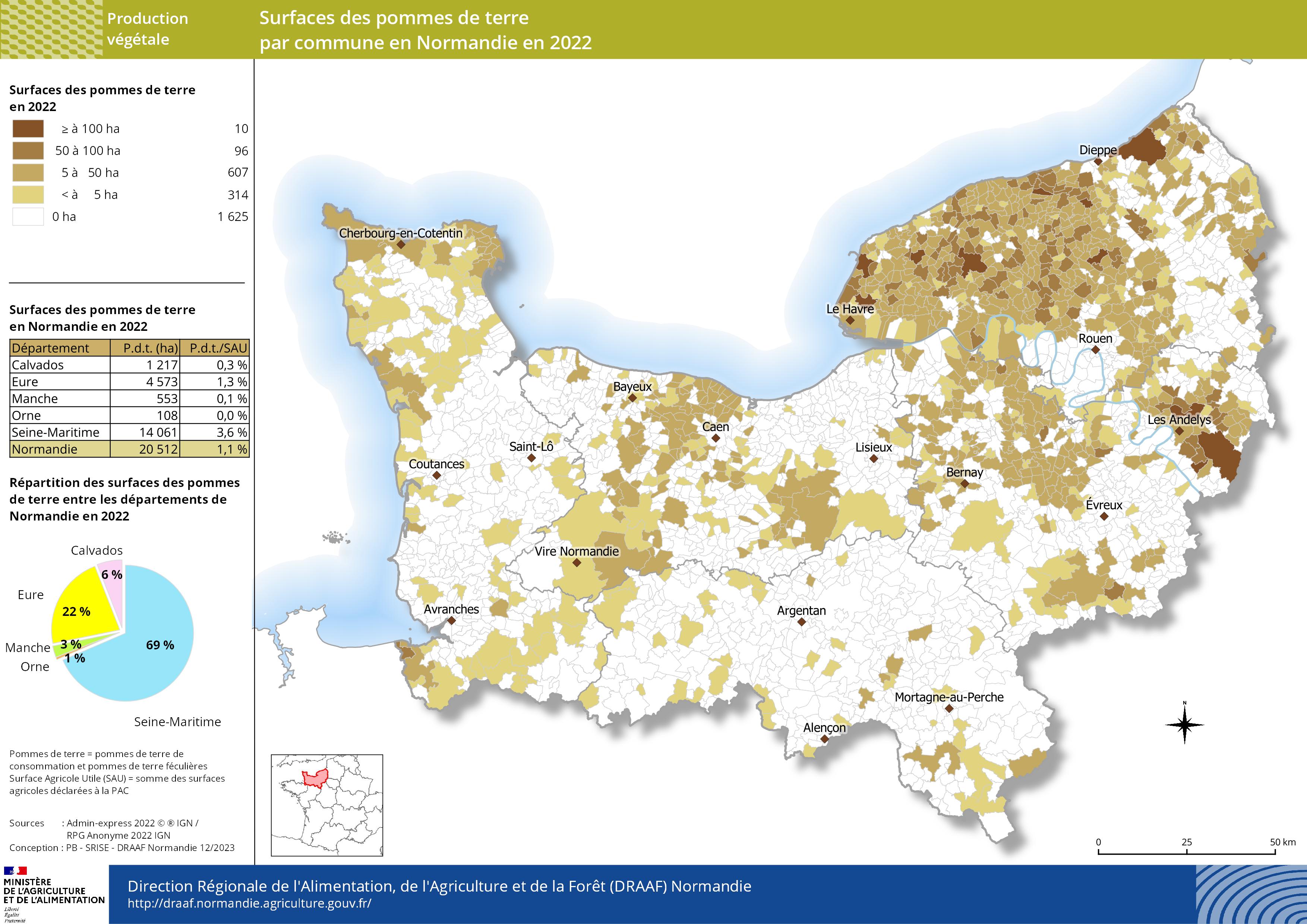 Carte représentant les surfaces des pommes de terre par commune en Normandie en 2022