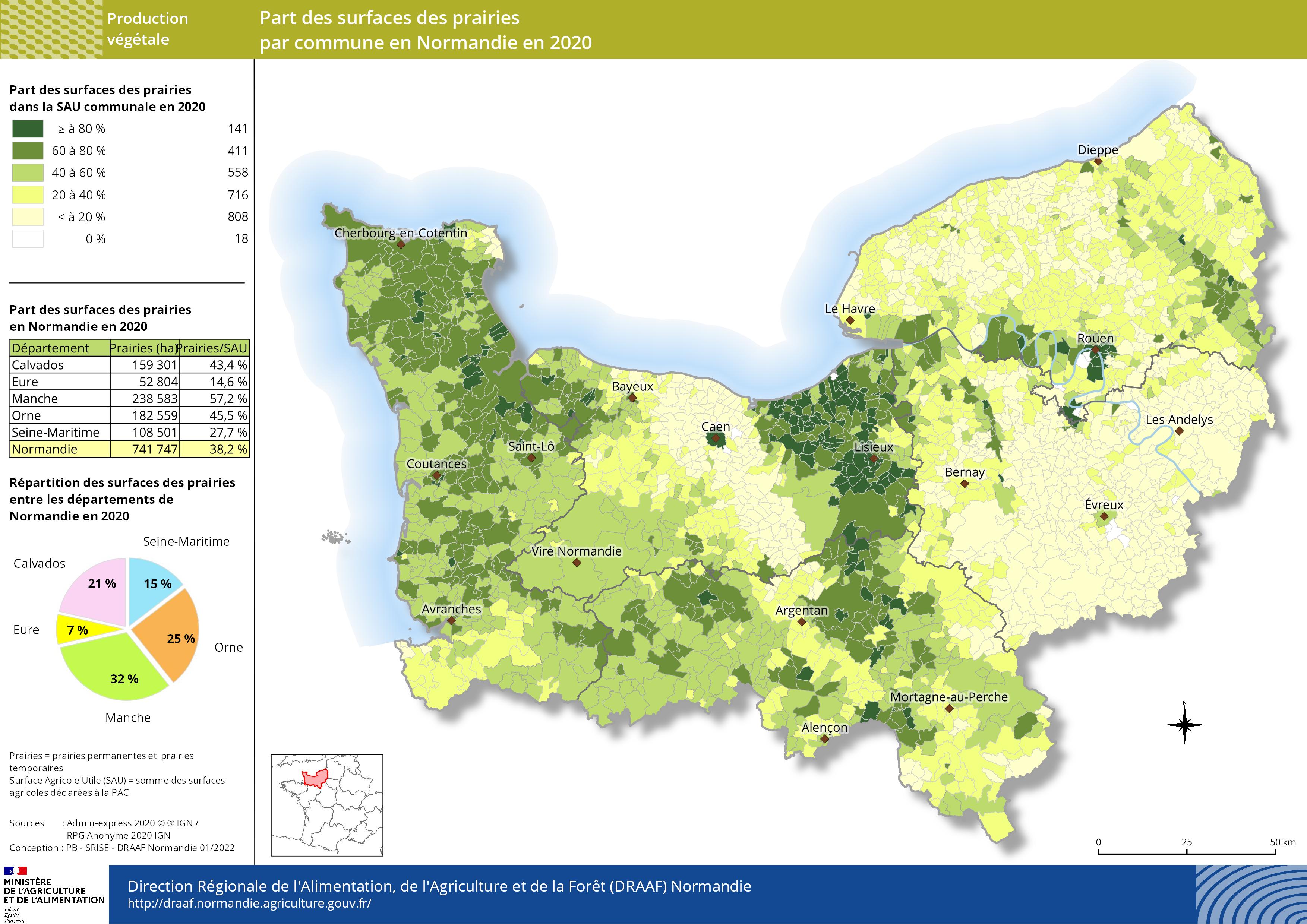 carte représentant la part des surfaces des prairies par commune en Normandie en 2020