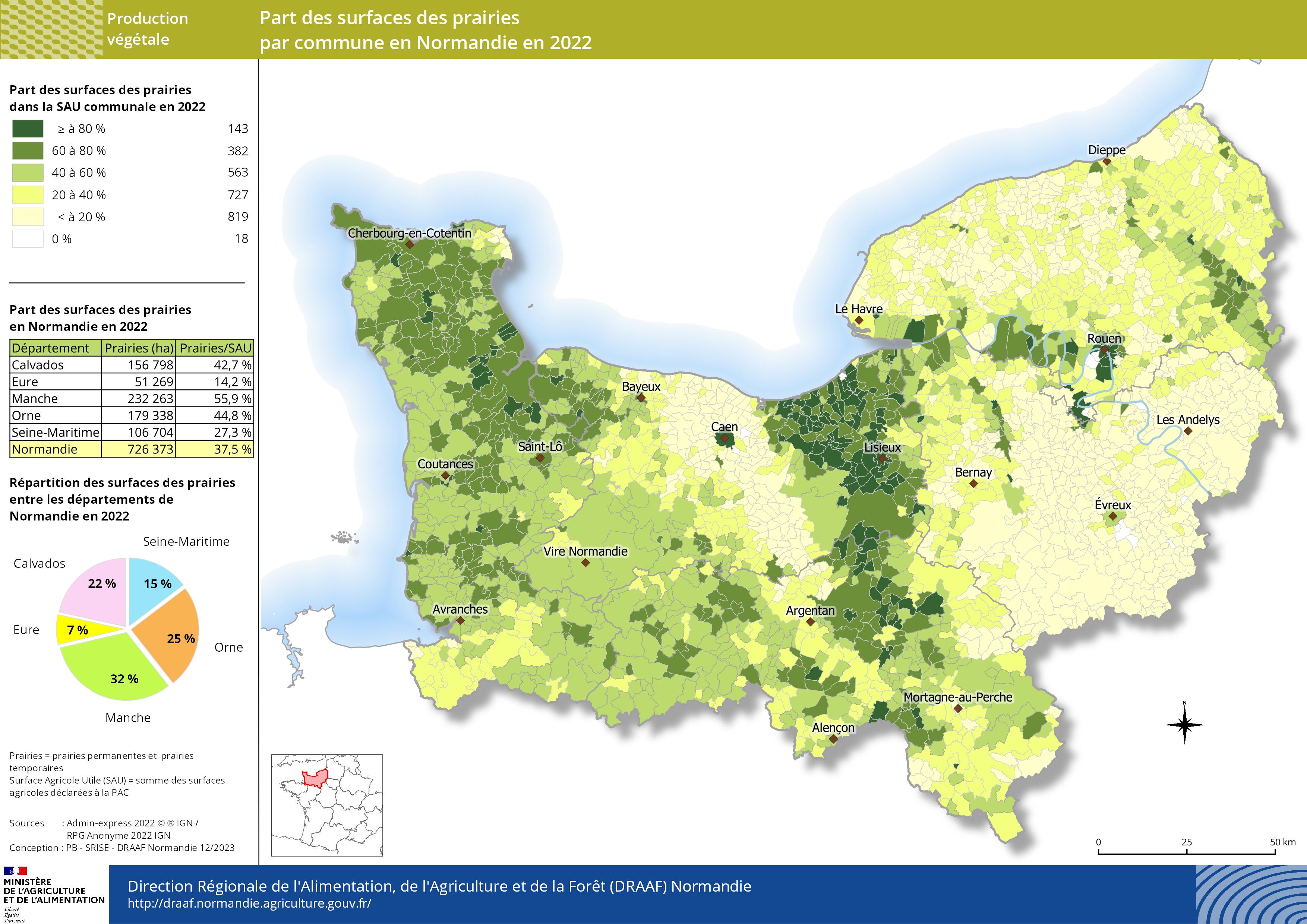 carte représentant la part des surfaces des prairies par commune en Normandie en 2022