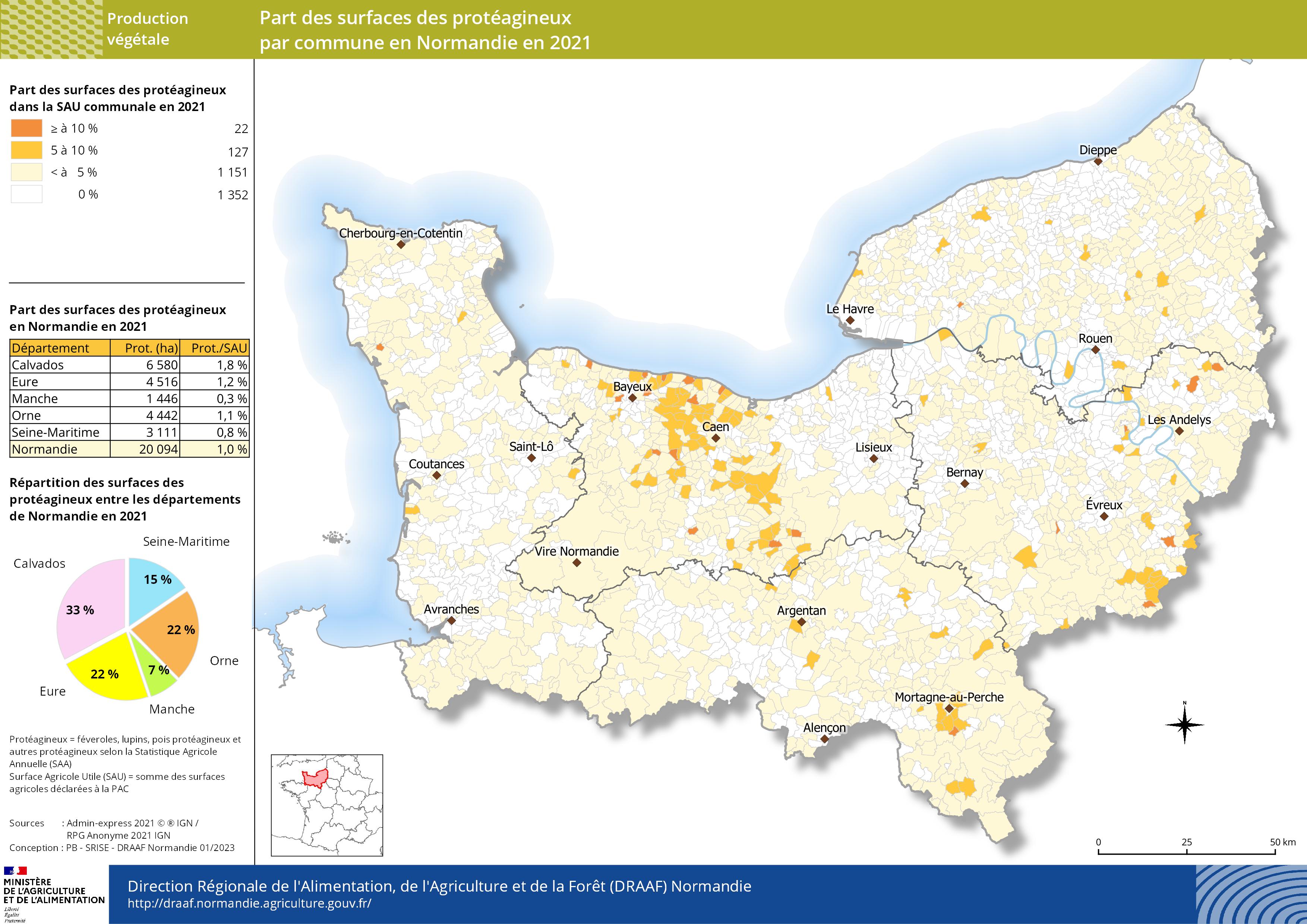 carte représentant la part des surfaces des protéagineux par commune en Normandie en 2021