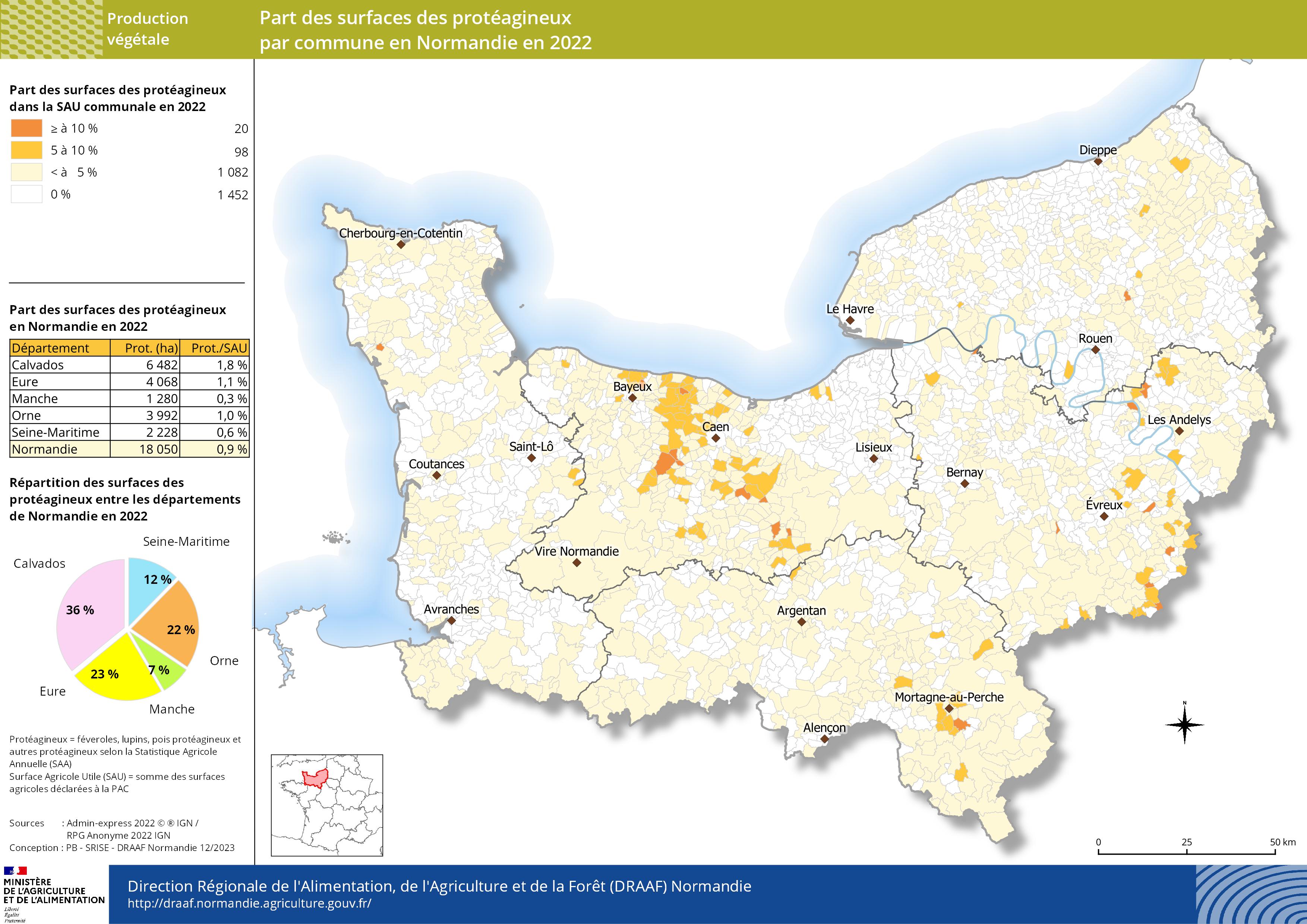 Carte représentant la part des surfaces des protéagineux par commune en Normandie en 2022