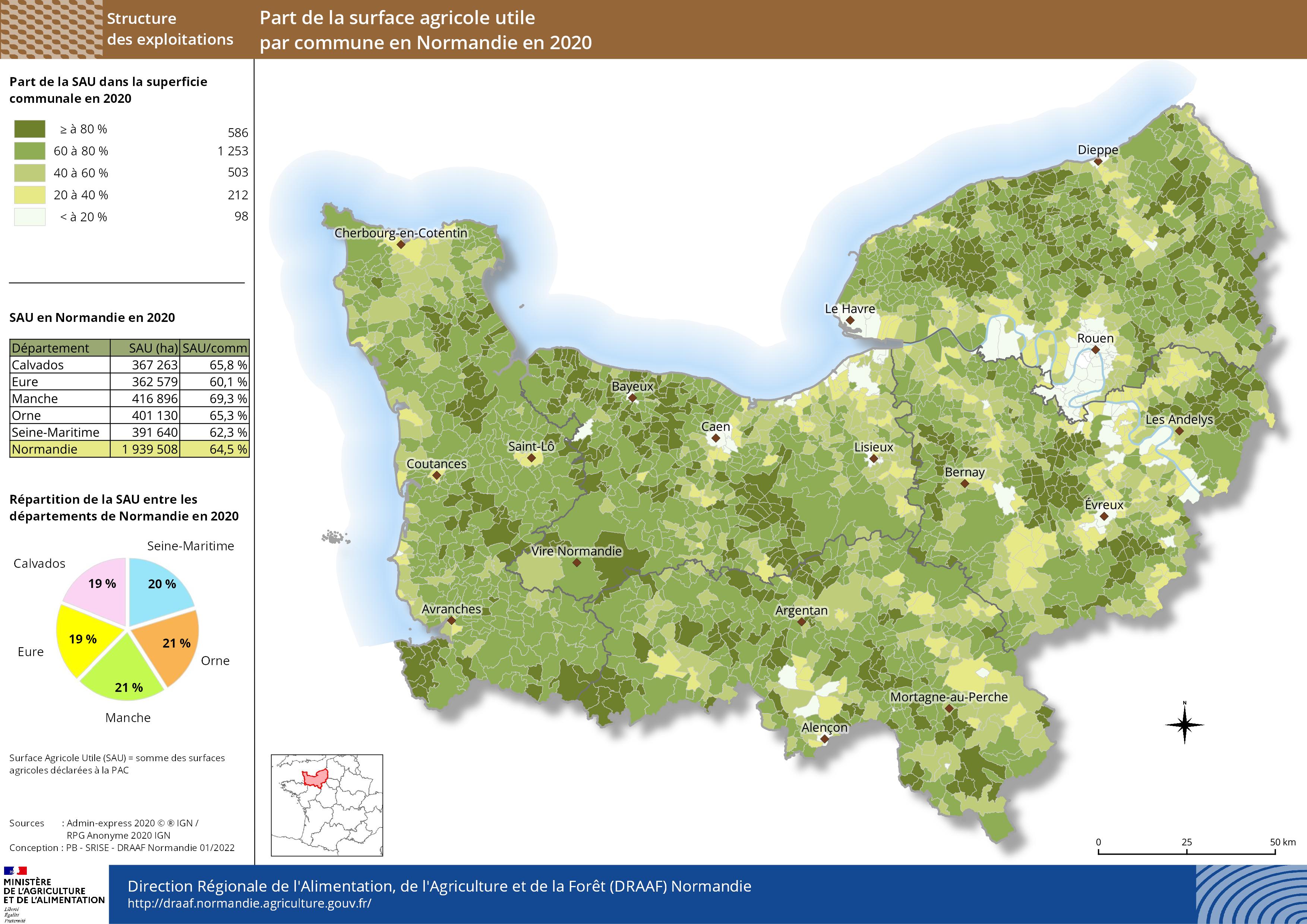 carte représentant la part de la surface agricole utile par commune en 2020 en Normandie