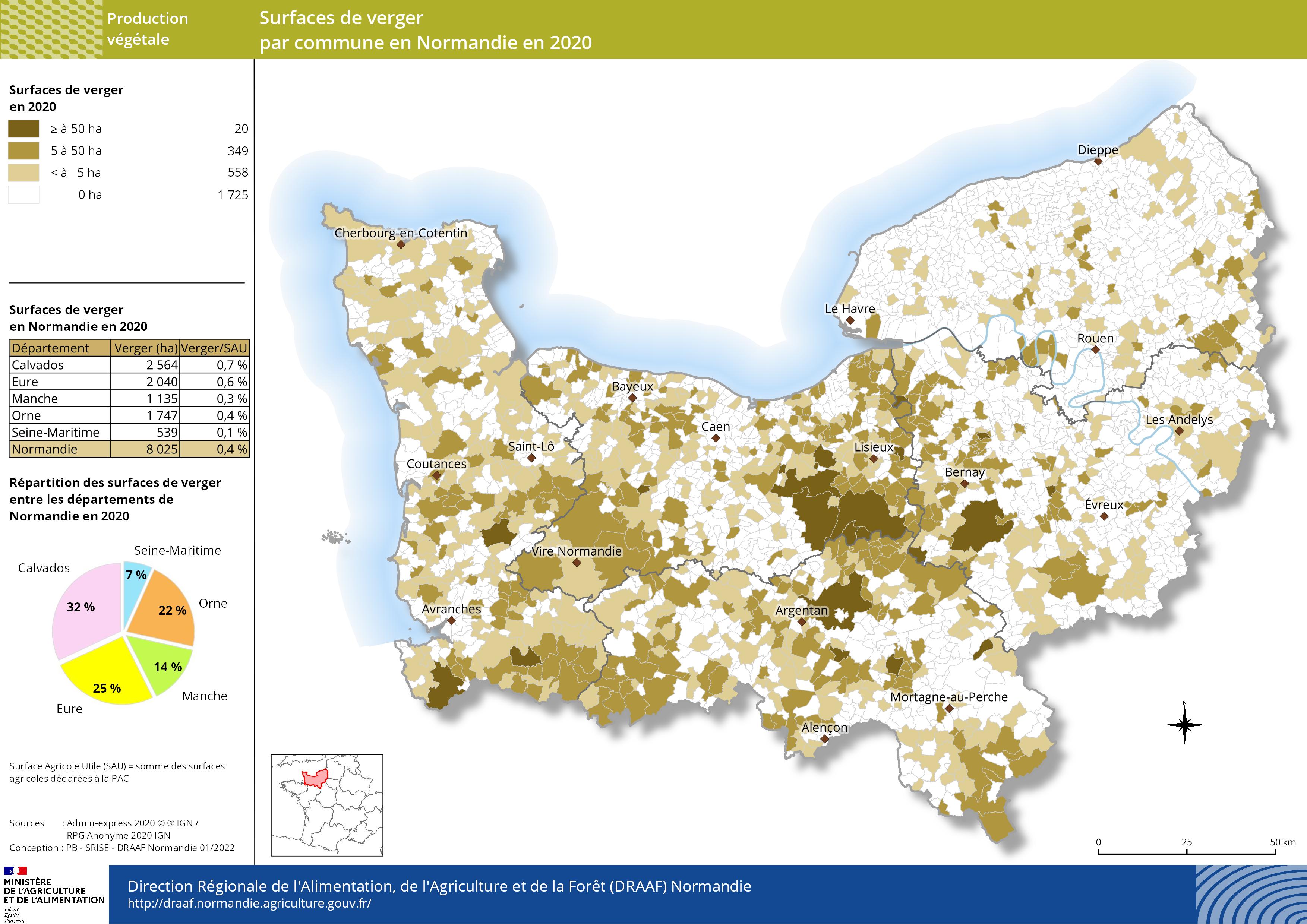 carte représentant les surfaces de verger par commune en Normandie en 2020
