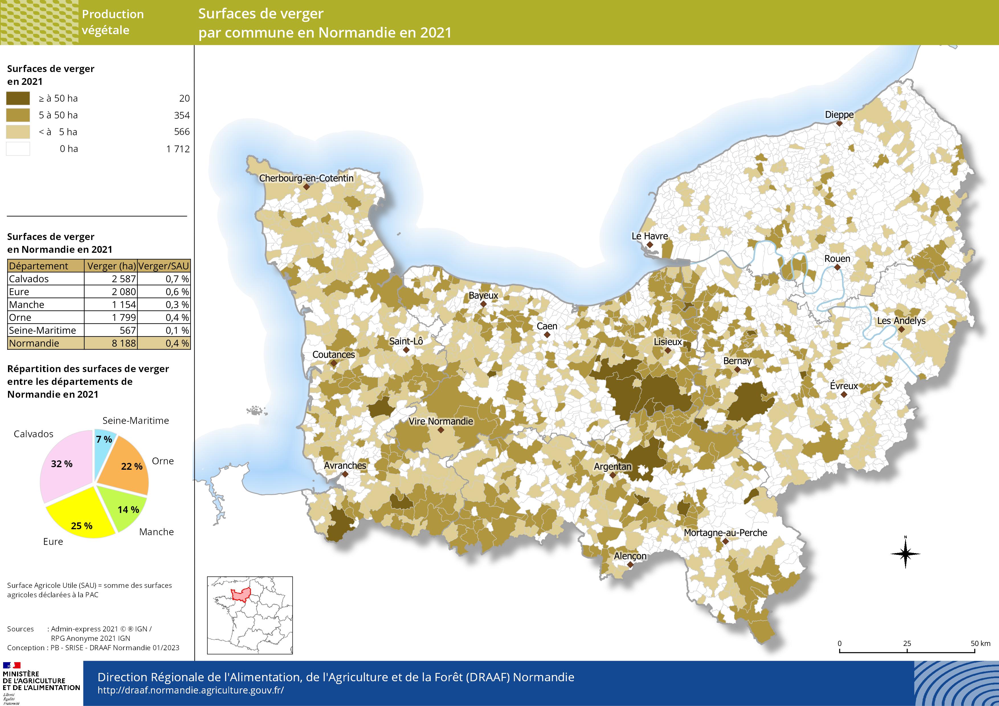 carte représentant les surfaces de verger par commune en Normandie en 2021