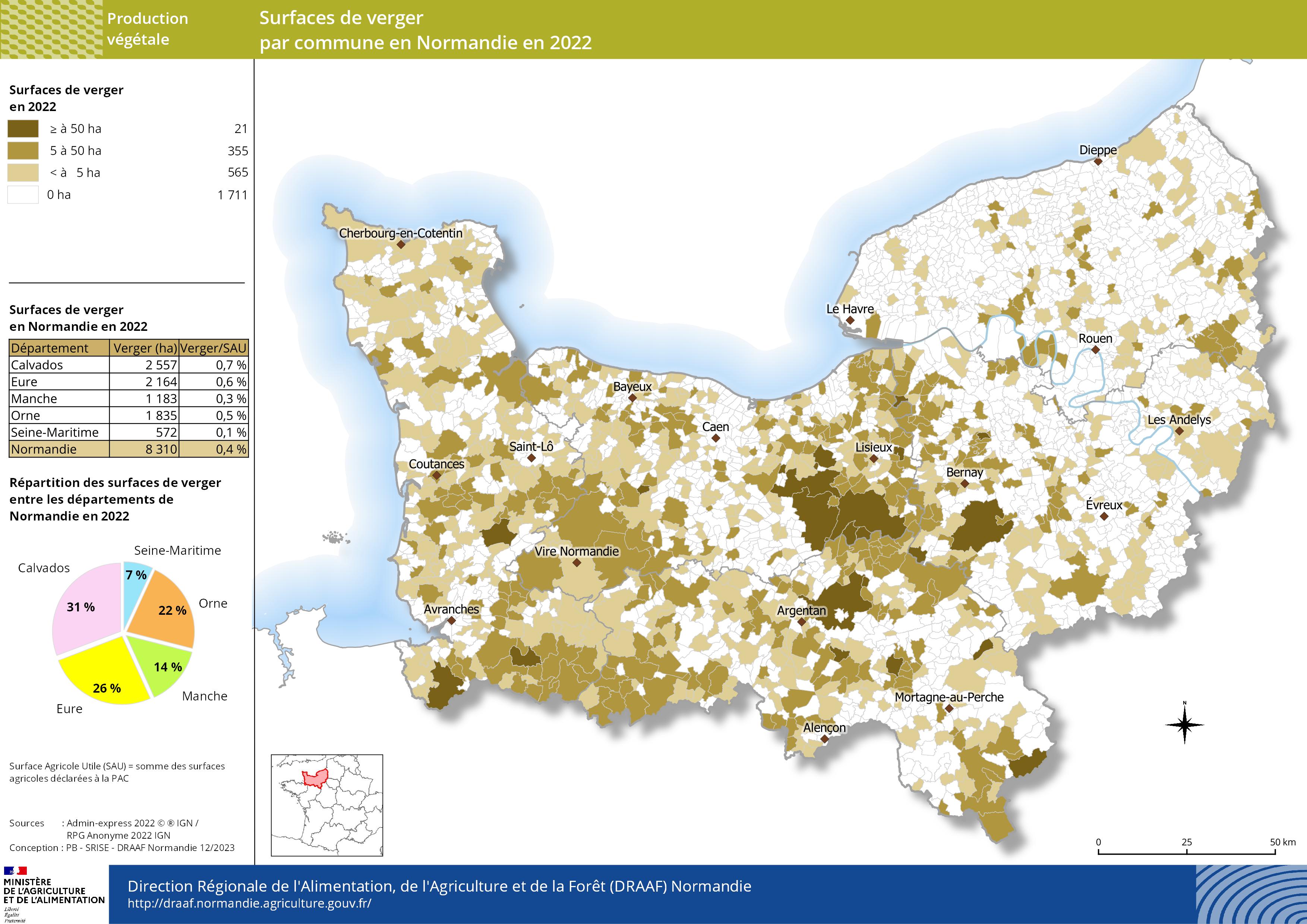 Carte représentant les surfaces de verger par commune en Normandie en 2022