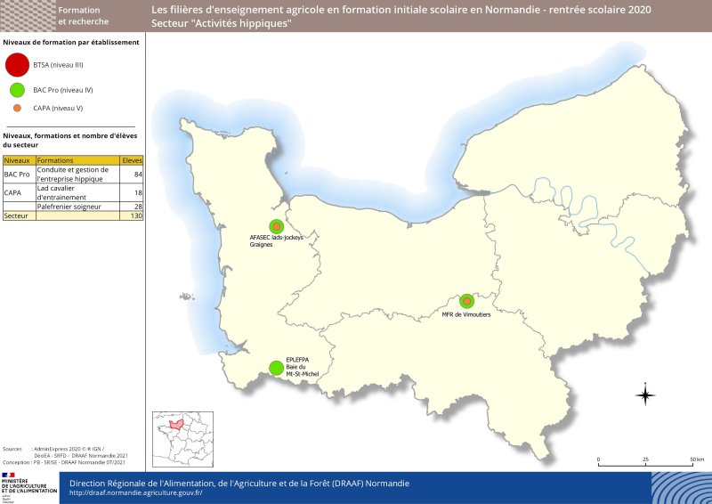 carte représentant le niveau de formation par établissement d'enseignement agricole - Secteur Activités hippiques à la rentrée 2020