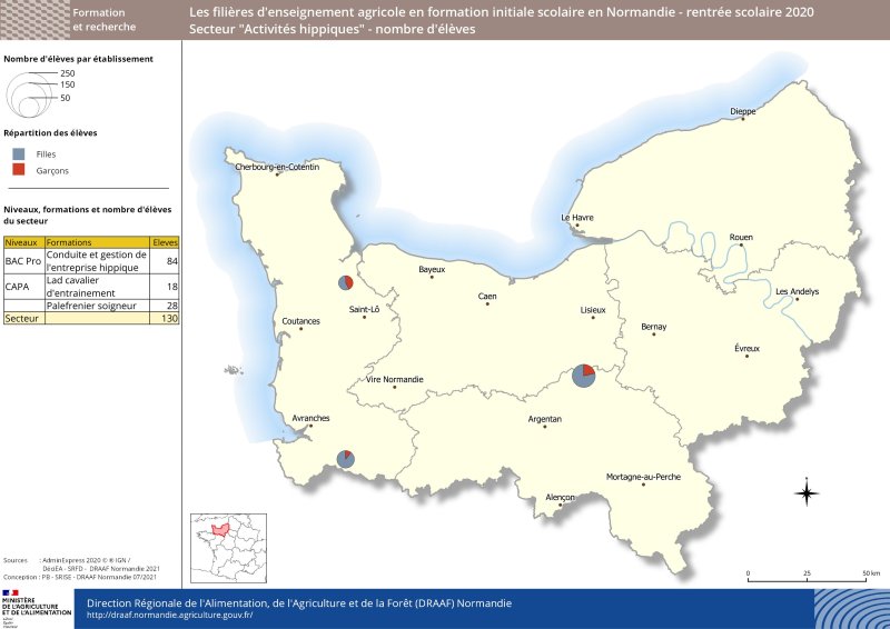 carte représentant le nombre d'élèves - répartition filles/garçons - Secteur Activités hippiques à la rentrée 2020