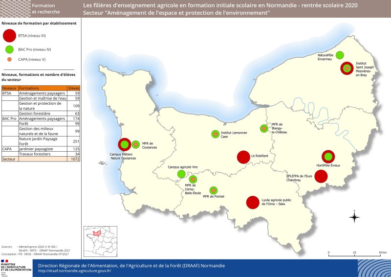 carte représentant le niveau de formation par établissement d'enseignement agricole - Secteur Aménagement de l'espace et protection de l'environnement à la rentrée 2020