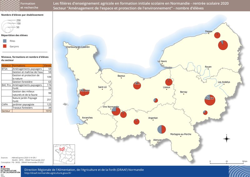 carte représentant le nombre d'élèves - répartition filles/garçons - Secteur Aménagement de l'espace et protection de l'environnement à la rentrée 2020