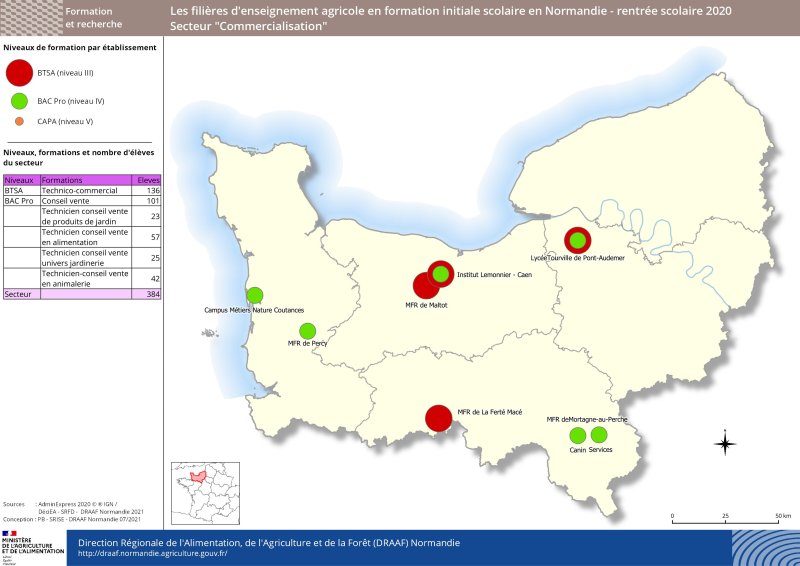 carte représentant le niveau de formation par établissement d'enseignement agricole - Secteur Commercialisation à la rentrée 2020