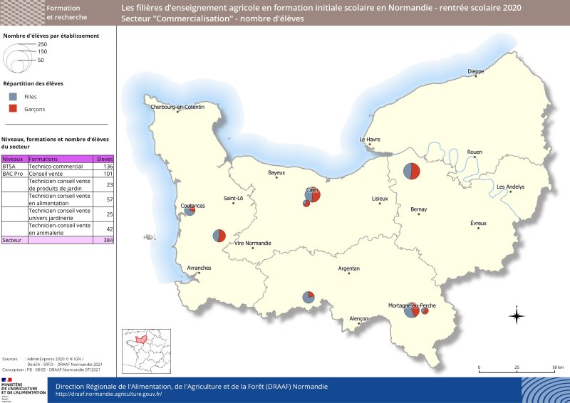 carte représentant le nombre d'élèves - répartition filles/garçons - Secteur Commercialisation à la rentrée 2020